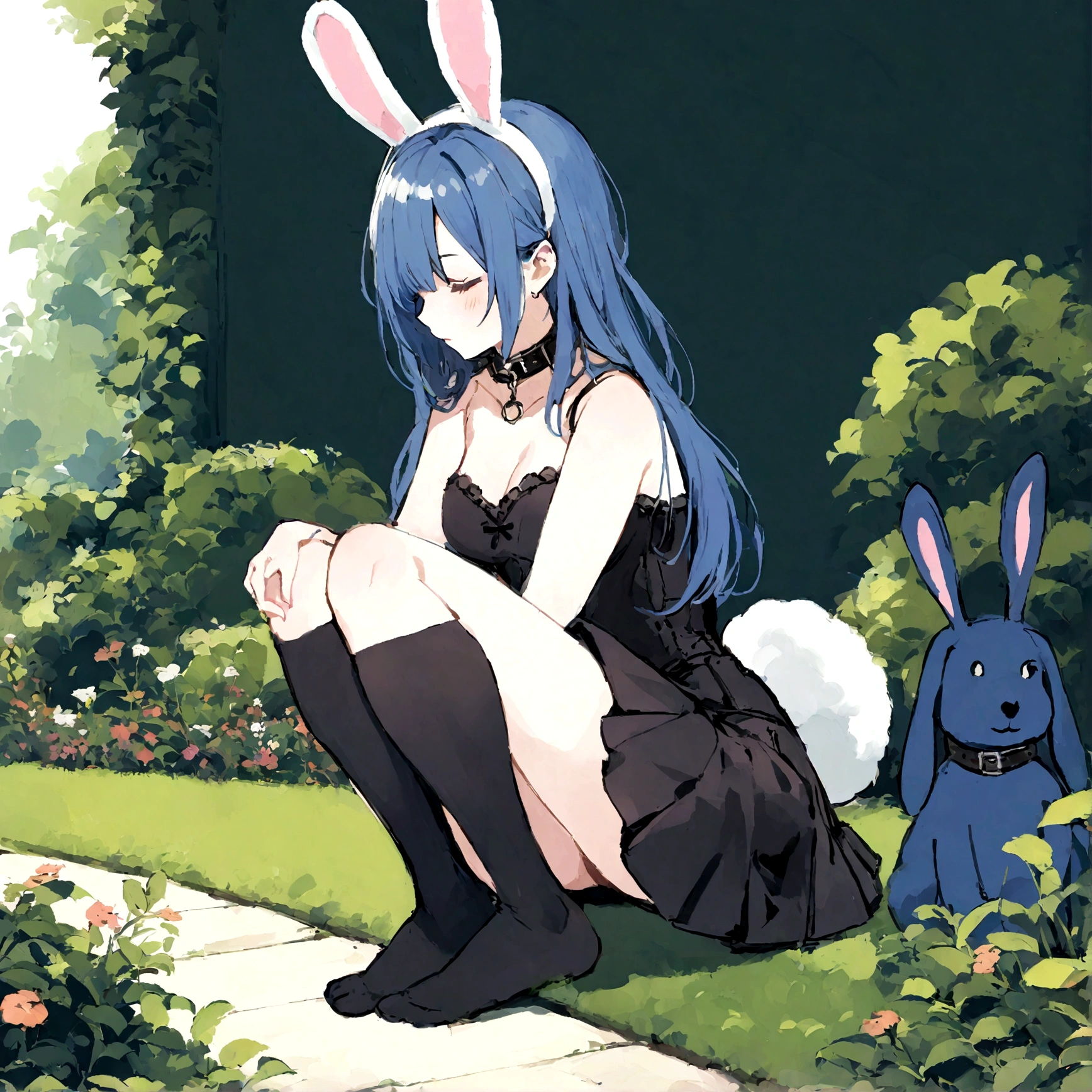 a sexy female with long blue hair, has big fuzzy bunny ears, has a bunny tail, wearing a black corset, wearing a black mini skirt, has a dark blue dog collar on, wearing cute thigh high socks, relaxing on knees, solo, alone, (SOLO)ALONE), no dogs, single girl, on knees, outside in a garden