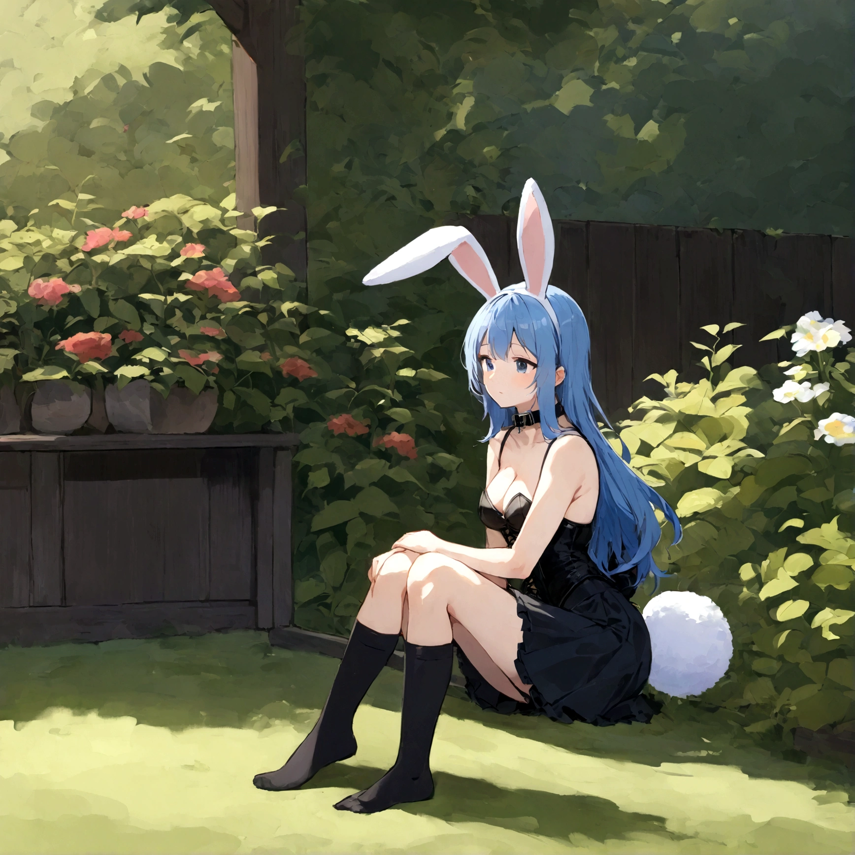 a sexy female with long blue hair, has big fuzzy bunny ears, has a bunny tail, wearing a black corset, wearing a black mini skirt, has a dark blue dog collar on, wearing cute thigh high socks, relaxing on knees, solo, alone, (SOLO)ALONE), no dogs, single girl, on knees, outside in a garden