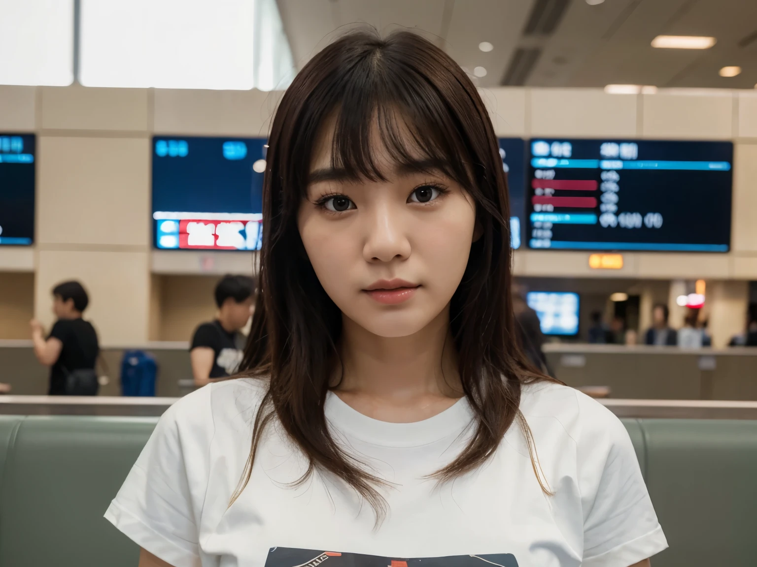realistic photos of Korean female, crossed bangs, slightly smile, t-shirt, in the airport, pov, Eye-Level Shot, blurry, UHD, masterpiece, highres, 16k