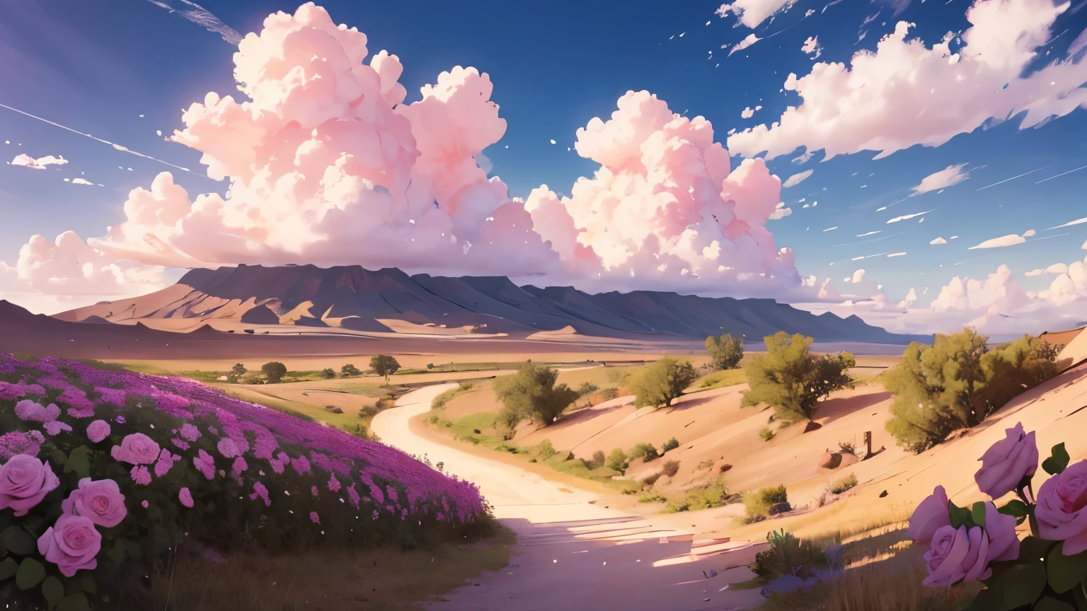 Summer, desert, pink clouds, a land overgrown with roses, James Gurney, art station rendering, ultra-wide lens, high definition