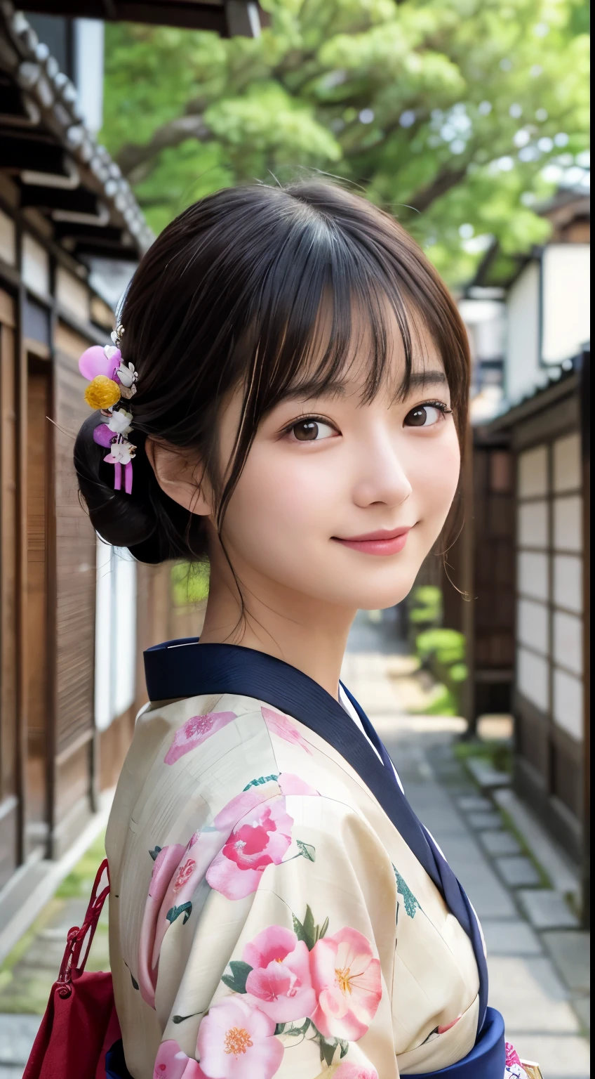 Professional Lighting,(Photorealistic:1.4), (Top image quality:1.0), (超A high resolution:1.0), 8k, Raw photography, (masterpiece:0.2), (Facing the children_v1:0.5)、(最高quality Detail:1.2)、Realistic、8K Ultra HD、High resolution、(1 girl:1.2)、超detailedな、High quality textures、複雑なdetailed、detailed、Very detailed CG、High quality shadows、detailed 美しく繊細な顔、Beautiful details and a delicate eye、(Symmetrical eyes:1.2),Written boundary depth、Ray Tracing,1 girl, Japanese Girls, (Natural smile:1.4),cute, thin, Portrait of a beautiful Japanese woman in a kimono, Standing elegantly on a street corner in Kyoto. Kimono with vibrant traditional patterns, Hair decorated with elegant and delicate hairpins, Gentle expression. (With the old streets of Kyoto in the background:1.4)、The soft light of a spring afternoon、Adding tranquility to the scene. Rendered in a Realistic style with great attention to detail, High resolutionの画像.Sky Porn, Magic Hour, (Realistic:1.3), finely, quality, (Tabletop:1.2), (Realistic:1.2), (最高quality), (複雑なdetailed), dramatic, Ray Tracing, photograph, +roller