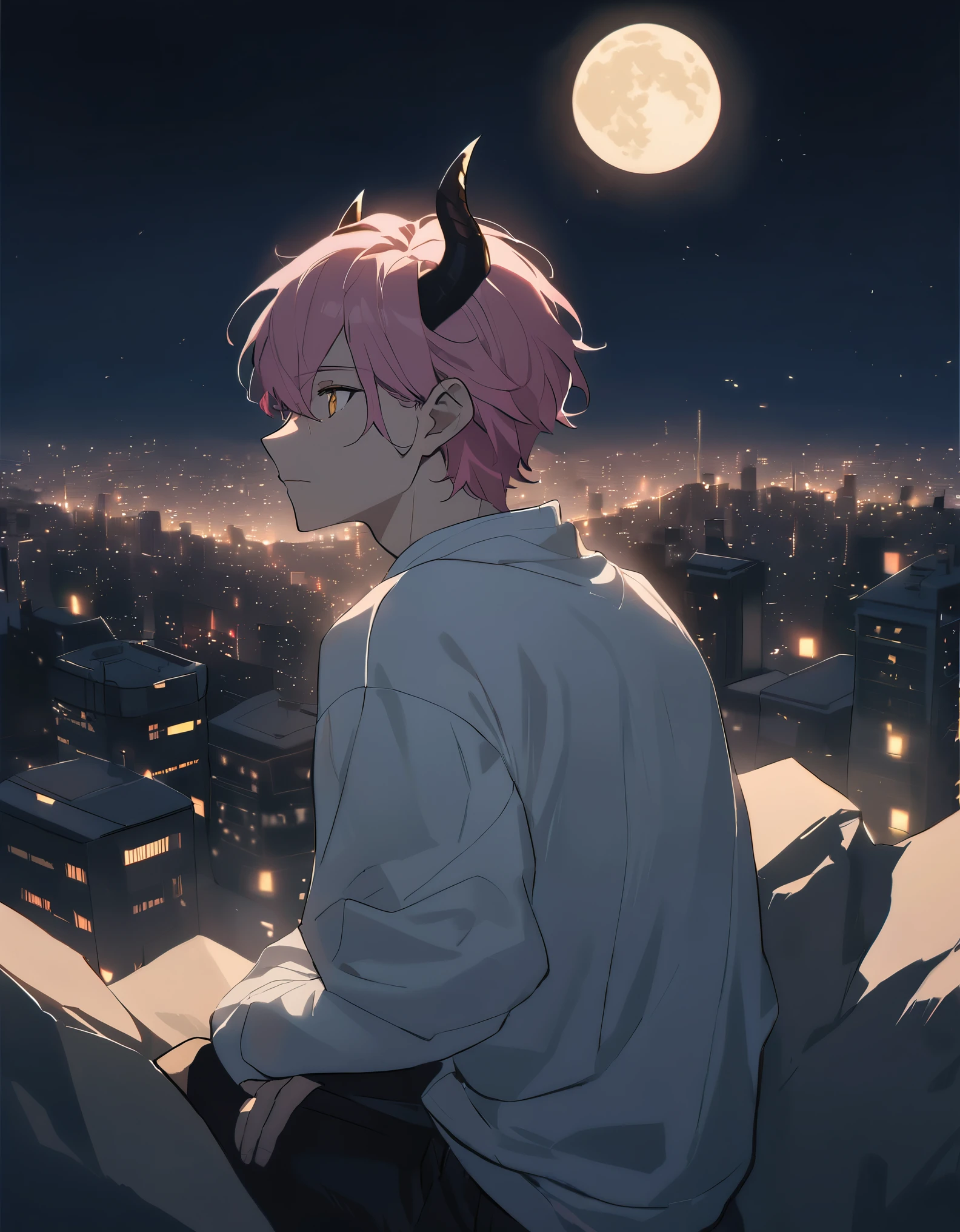 A man with short pink hair, golden eyes and small devil horns stays on top of a hill and looks at the lights of a city and a big moon rises in the background. Cinematic, moonlight, night, wearing a white sweatshirt, black pants