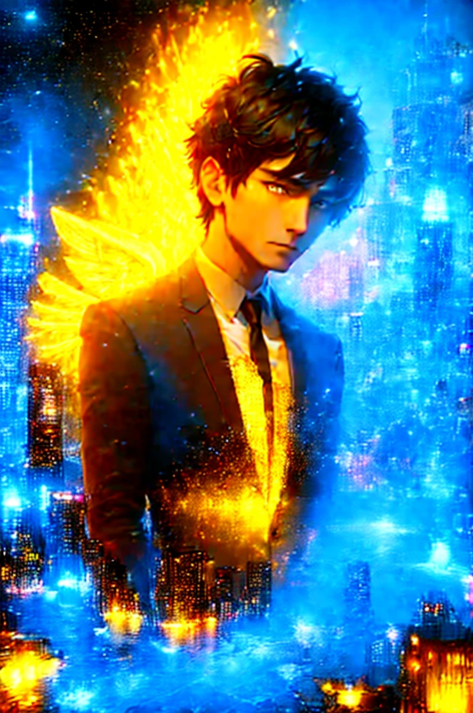 a man, short black hair, bright yellow eyes, golden wings. a city, night, starry sky, bright moon