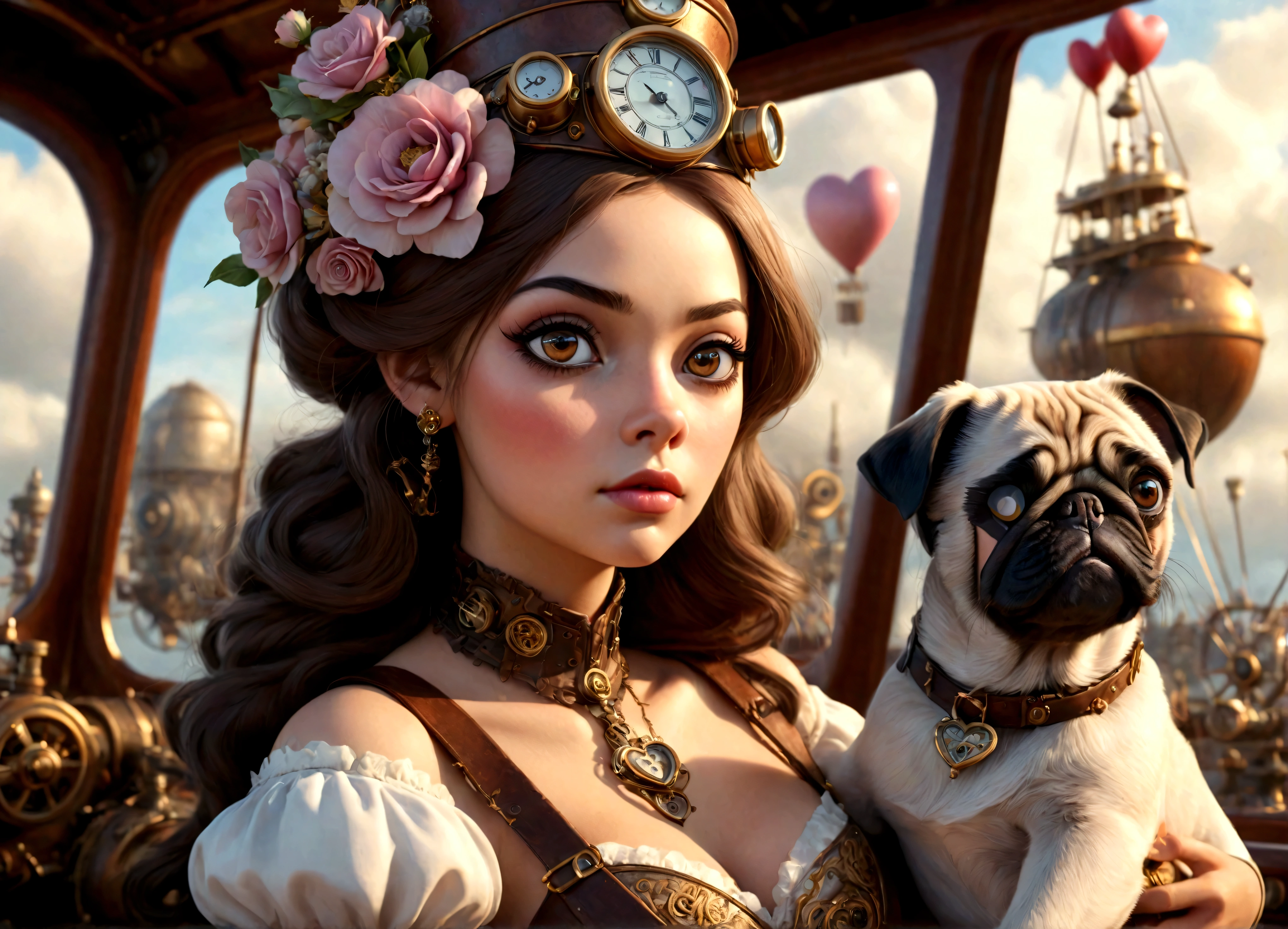 a lovely woman in an elegant dress with exposed breasts, a pug-themed steam-powered servant, piloting a hot air steamship draped with flowers and hearts, steampunk style, (best quality,4k,8k,highres,masterpiece:1.2),ultra-detailed,(realistic,photorealistic,photo-realistic:1.37),intricate details,cinematic lighting,warm color tones,romantic,whimsical,elegant,steampunk machinery,steam power,steam clouds,ornate airship,floral accents,heart-shaped decorations,beautiful detailed eyes,beautiful detailed lips,extremely detailed eyes and face,longeyelashes