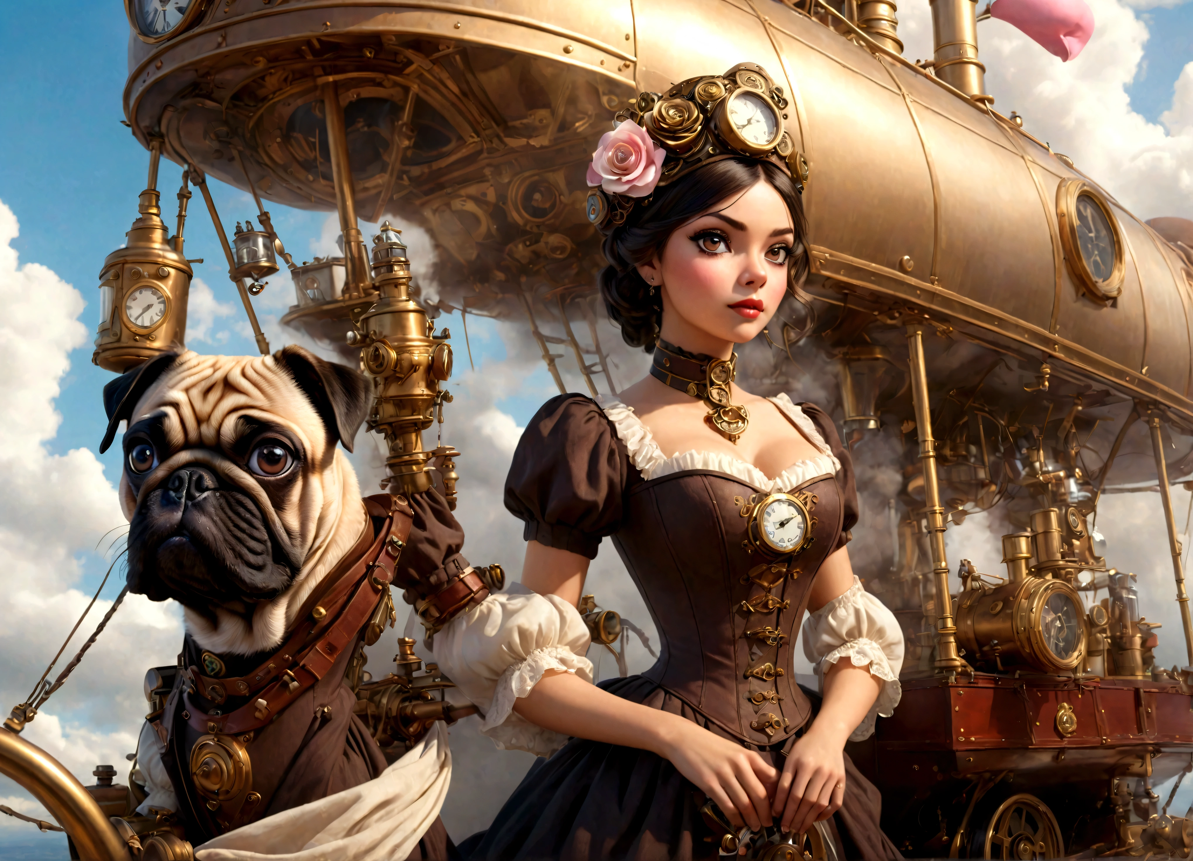 a lovely woman in an elegant dress with exposed breasts, a pug-themed steam-powered servant, piloting a hot air steamship draped with flowers and hearts, steampunk style, (best quality,4k,8k,highres,masterpiece:1.2),ultra-detailed,(realistic,photorealistic,photo-realistic:1.37),intricate details,cinematic lighting,warm color tones,romantic,whimsical,elegant,steampunk machinery,steam power,steam clouds,ornate airship,floral accents,heart-shaped decorations,beautiful detailed eyes,beautiful detailed lips,extremely detailed eyes and face,longeyelashes
