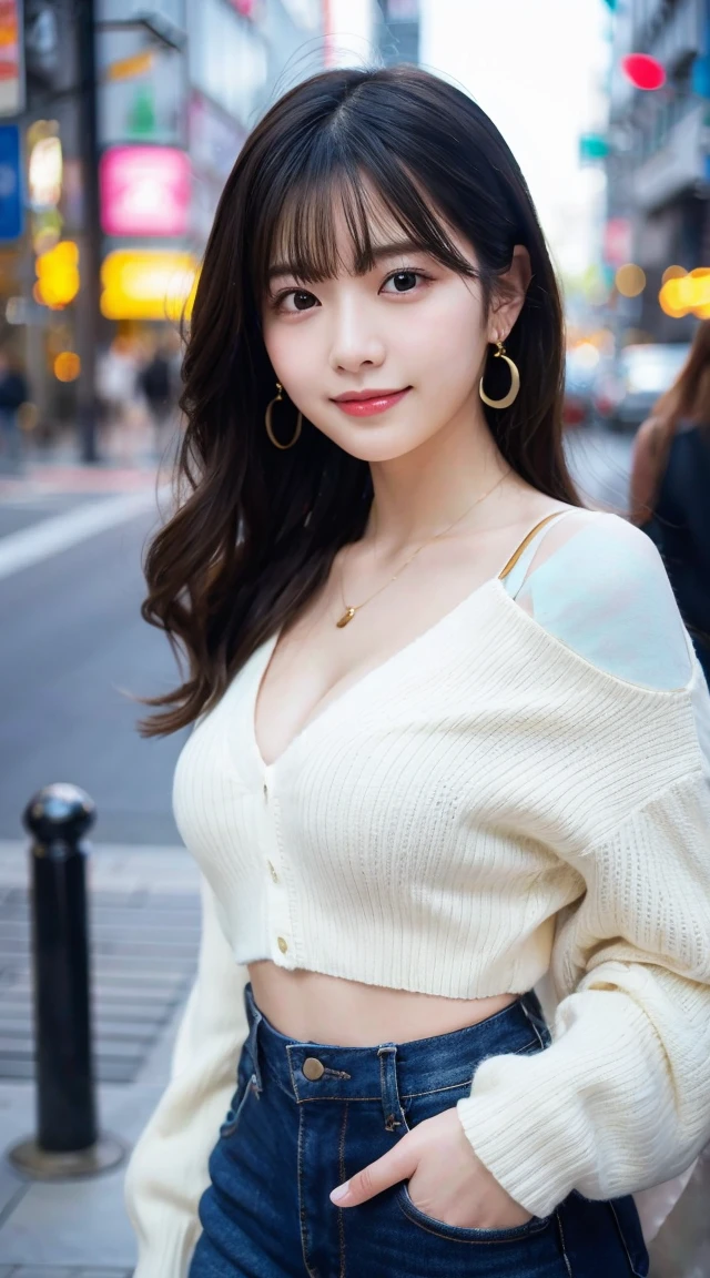 (highest quality, masterpiece:1.3, ultra high resolution), (Super detailed, caustics, 8k), (photorealistic:1.4, RAW shooting), 1 girl, (look at the camera with a smile), 20-year-old, cute, Japanese, gradient hair color, Wolf Bob Kat hairstyle, ponytail hairstyle, Natural lips, (Cropped sweater, ripped jeans), wearing earrings, perfect jewelry, perfect earrings, cleavage, Tokyo street, Night, bust up shot, face focus, Natural light, Backlight, (A bright light shines from above), (Lens flare), professional writing, perfect bodies, perfect arms, Perfect fingers, perfect legs, perfect hair, pores, Realistic skin texture, perfect teeth, (low position), (Low - Angle)