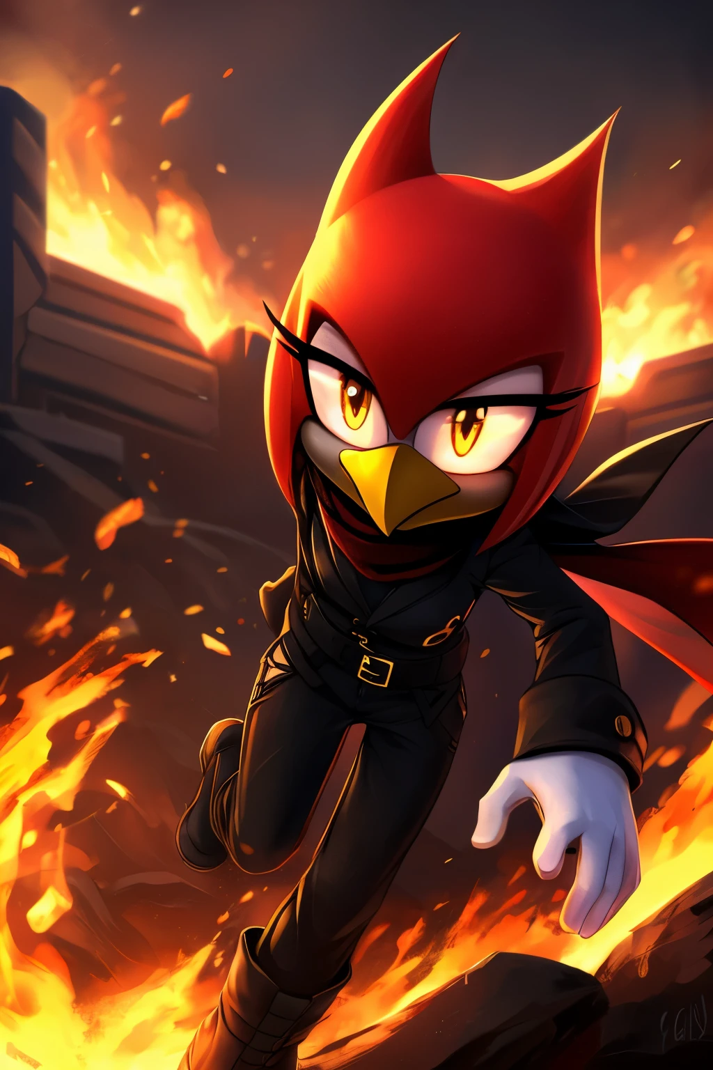 Digital Art, Female, Red Bird Mobian, Gold Eyes, red scarf, red jacket, black uniform shirt, black uniform pants, black combat boots, white gloves, surrounded by fire, heroic atmosphere