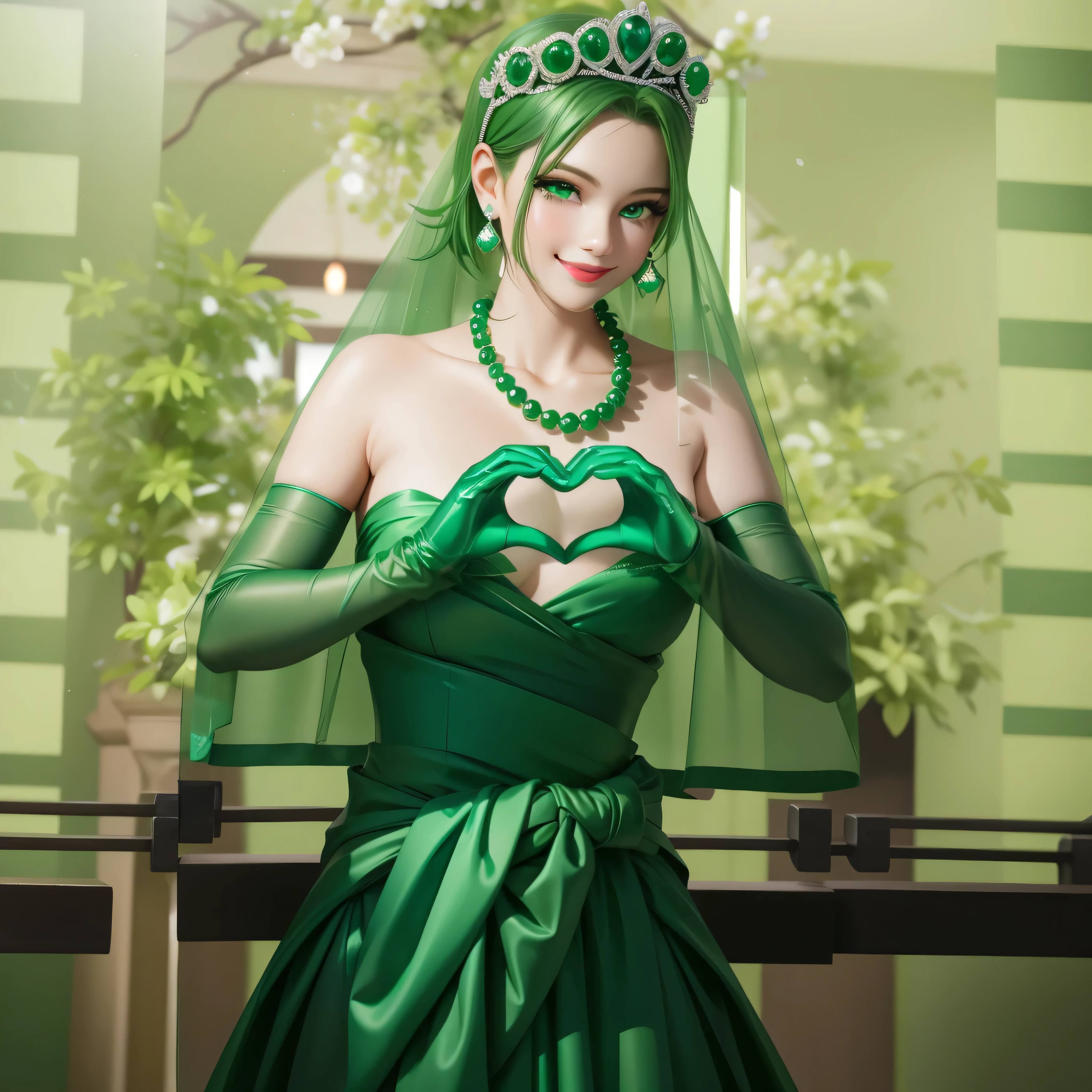 Emerald tiara, Green Pearl Necklace, Boyish very short green hair, Green Lips, Smiling Japanese woman, Very short hair, Busty beautiful lady, Green Eyes, Green satin long gloves, Green Eyes, Emerald Earrings, Green Veil, Heart with both hands, Green Hair, Beautiful Japanese Woman, Heart shaped hands:1.3, green lip gloss