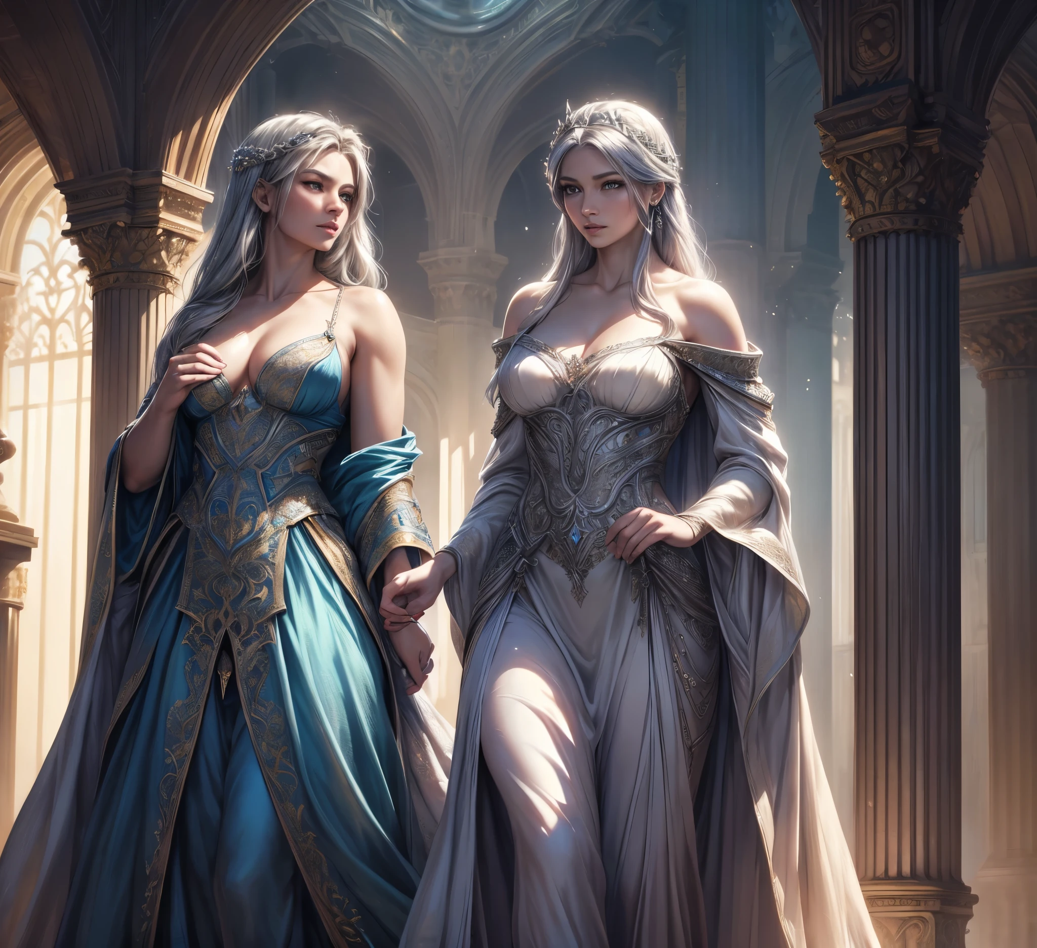 A beautiful, crystalline blue-eyed woman with silver hair wearing a long, regal dress, standing in an elegant pose and looking at the viewer, (2 fair-skinned Amazons in a long, royal dress), (detailed eyes, detailed lips, extremely detailed face and eyes, long eyelashes), (best quality,4k,8k,highres,masterpiece:1.2),ultra-detailed,(realistic,photorealistic,photo-realistic:1.37),HDR,UHD,studio lighting,ultra-fine painting,sharp focus,physically-based rendering,extreme detail description,professional,vivid colors,bokeh,fantasy,digital art