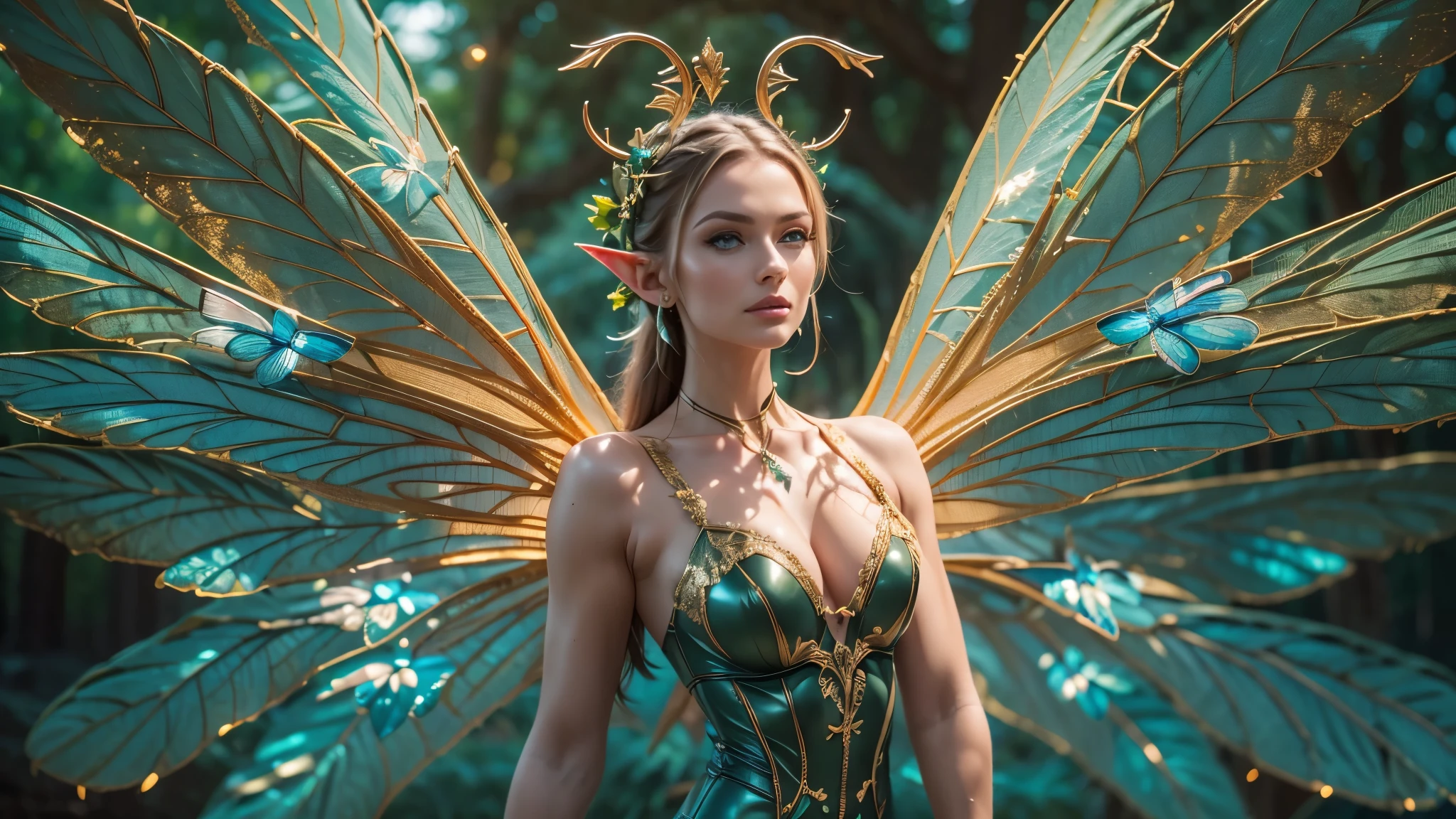 Beautiful faerie woman, elf ear, flying, centered holographic dragonfly wings, glowing blue eyes, detailed proportional hand, proportional body, firm breast, silk tutu, frank Frazzetta painting style, (Best Quality:1.4), (Ultra-detailed), (extremely detailed CG unified 8k wallpaper), Highly detailed, RAW Photos, Professional Photography, plein air, Illumination, (Super fancy photos:1.4), (Dazzling light), Radiant Photography, depth of fields