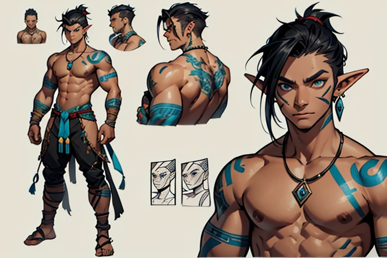 1 Elf Male , Black Tied hair, tribal tattoos , tribal markings ,Muscles , blue pupils,Bandage arms , , (character design, full body, upper body, character sheet, expressions, reference sheet, character reference, no background, multiple views, alternatecostume, equipment layout, close-up),tribal Earrings , tooth necklace