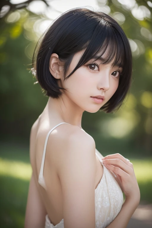 (High resolution:1.3), (16k, Photorealistic, Raw photo, Best image quality: 1.4), Japanese, (One Girl), (Black-haired、short hair:1.3), Beautiful Hairstyles, (Realistic Skin), Beautiful skins, attractive, 超A high resolution, Surreal, High detail, Golden Ratio, Highly detailed cute girl,(20-year-old), (Turn away:1.5)