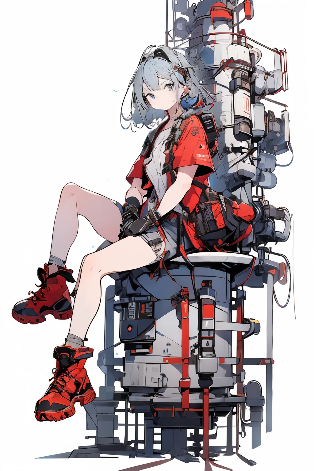 ((Full body shot)), ((No background)), ((White background)), line art, illustration, masterpiece, ultra detailed, high resolution, high quality, industrial, engineer, 1girl, solo, blue eyes, closed mouth, red hair in a braid, sitting down, long legs, wearing a red shirt, short red denim shorts, red boots