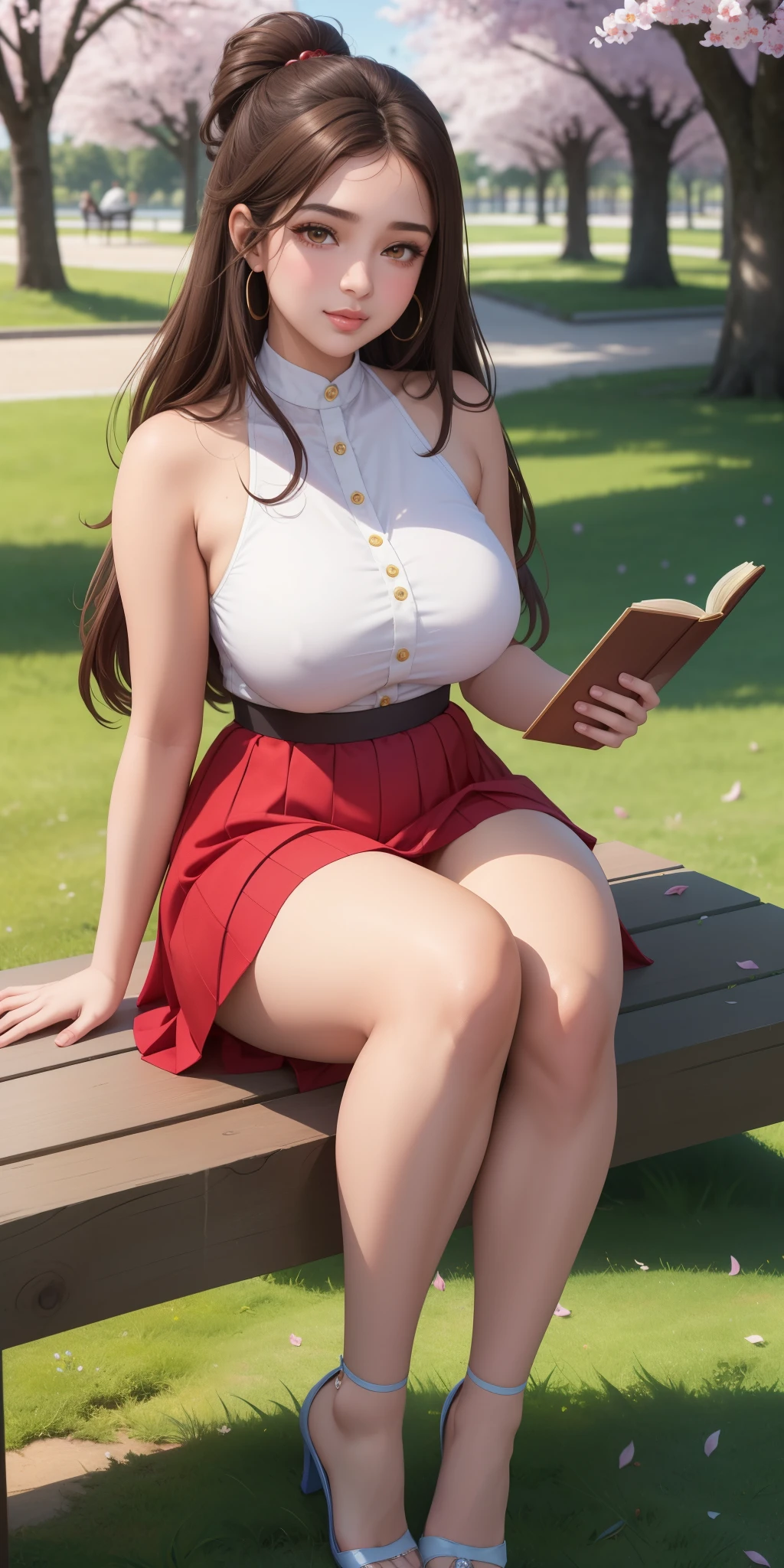 Kayra is a beautiful and cute girl with brown hair, flirting with the viewer, sparkle in her eyes, detail oriented, Kayra is very charming, but because she suffers a lot of judgment and intimidation from the other girls in her class and is often cornered by the girls. Kayra is in the park, cherry trees, Kayra has a cute and romantic smile, Kayra is secretly in love with you, but she is afraid to approach and talk to you. Kayra: *I wonder if he will judge me*. I will talk to him? beautiful skirt dress, cute, sensual pose, sitting, reading book