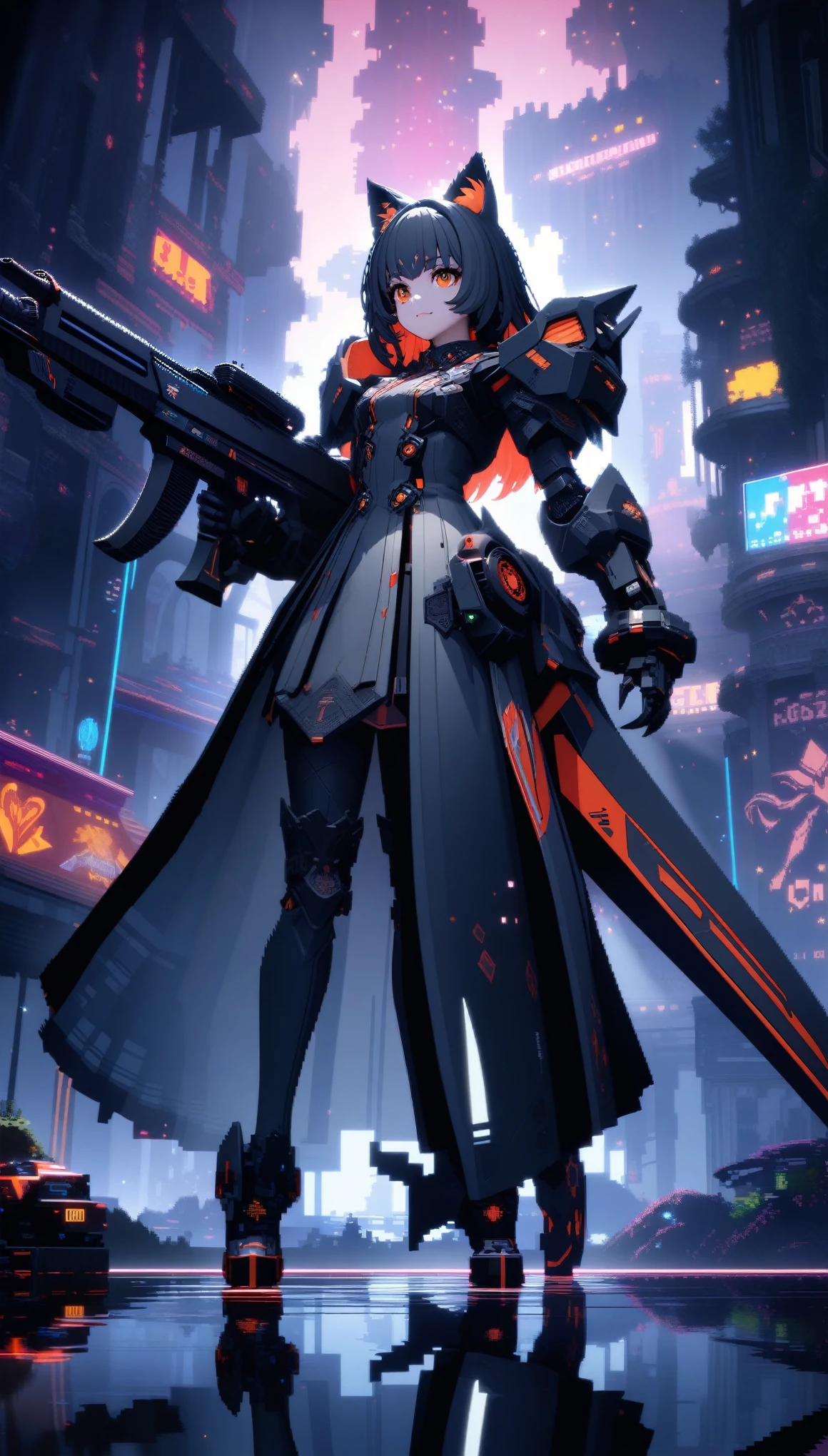 32k, best quality, ultra high res, HDR, UHD, extremely detailed CG, unity 32k wallpaper, A dark, futuristic, silhouetted figure of a girl with cat ears and a long, flowing coat, holding a massive scythe with a mechanical cat integrated into the blade, standing on a reflective surface with a minimalist, light gray background. --ar 4:3 --stylize 600 --niji 6, In a retro 3D pixel art style, the cute robot cat with big claws and large guns is depicted with blocky, pixelated shapes and limited color palettes, reminiscent of classic video game graphics. The design evokes a nostalgic feel, with simple yet charming character designs and environments. The background is a pixelated, retro-futuristic landscape with geometric shapes and bright colors, reminiscent of vintage arcade games. This high-quality, high-resolution artwork, ideal for 16k wallpaper and 32k HD HDR, captures the nostalgic appeal of retro 3D pixel art, enhanced by Unreal Engine for smooth animations and vibrant retro visuals, 