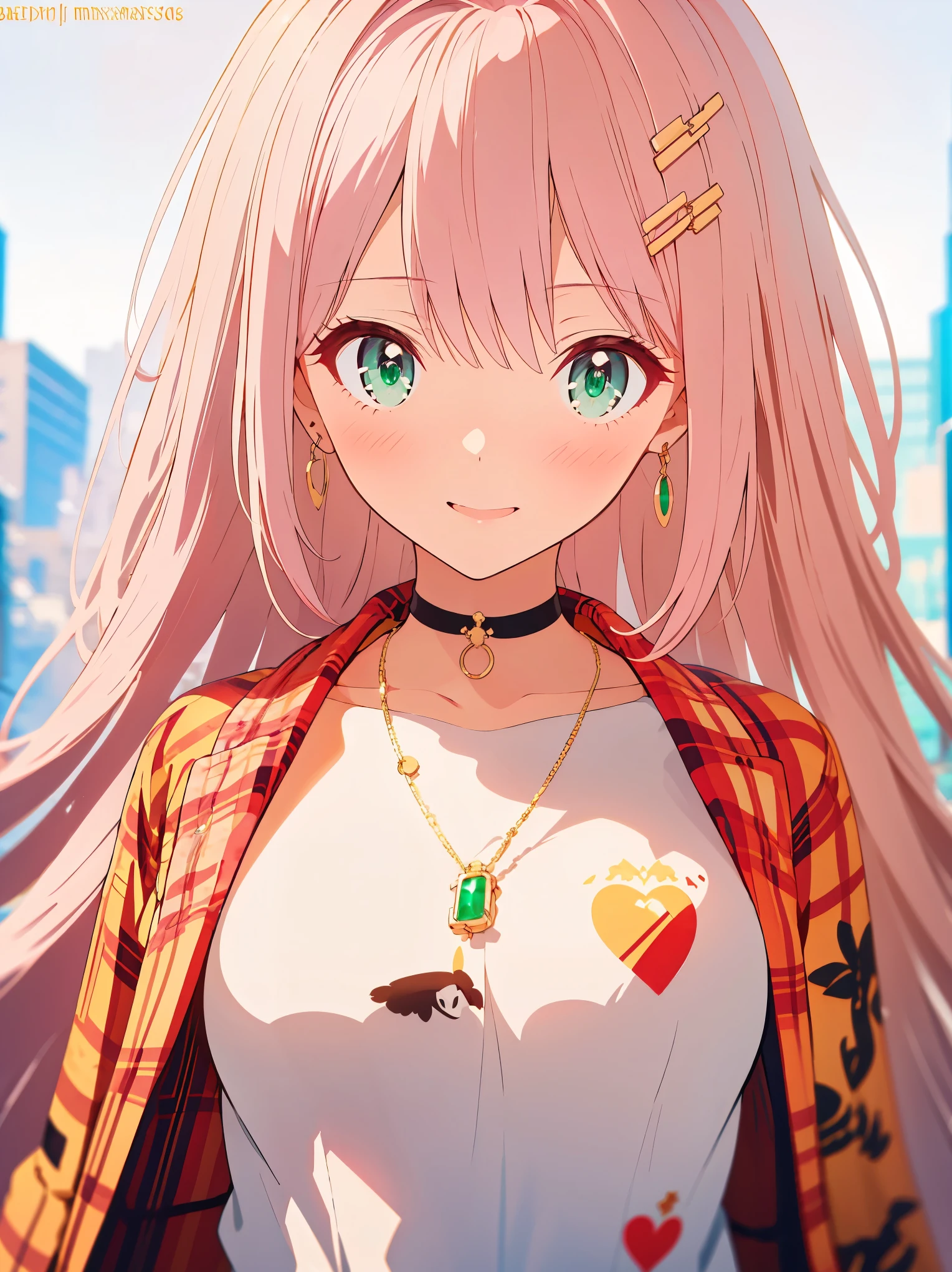 {{{{tmasterpiece}}}}, {{{ultra - detailed}}}, {{{A high resolution}}}, {{Good anatomy}}, (((Best quality at best))), ((Maximalism)),((Emerald eyes,with pink hair)),{{Extremely detailed and refined}}, {8k CG wallpaper}, {{illustratio,Get on camera,closeup of face,Face portrait}}, (long whitr hair|detailed hair|bluntbangs|shinny hair),((shirt coat: The white,plaid shirt,Outerwea,golden necklace)),proud face,Blushing with joy,girlfriend lens,(1 girl:1), Alone,little breast, (color difference:1.2)
