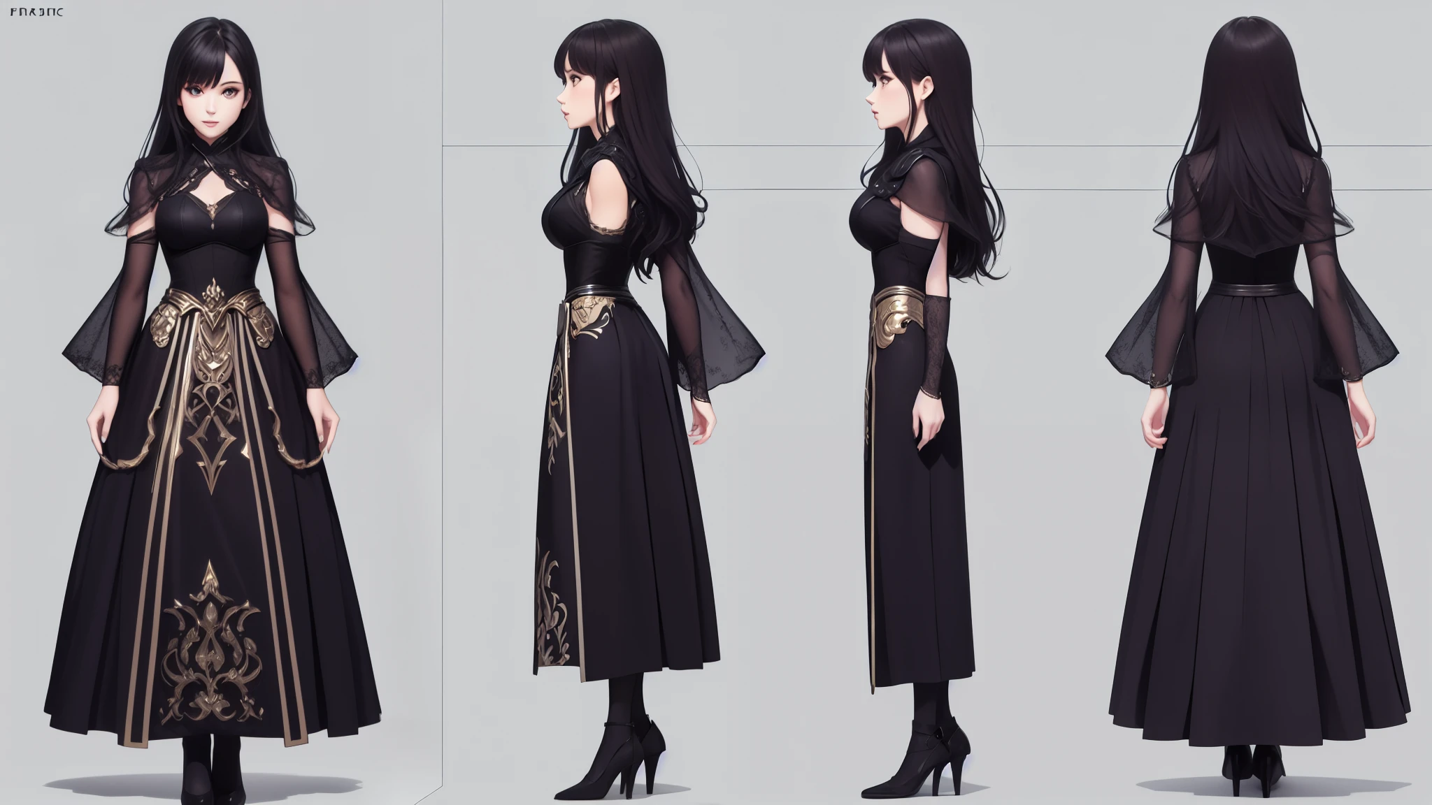 masterpiece, best quality, 1girl, solo, ((mature female)), round pupils, long hair, princess, red military armor dress, fantasy, high fantasy, character sheet, chara-sheet, turnaround