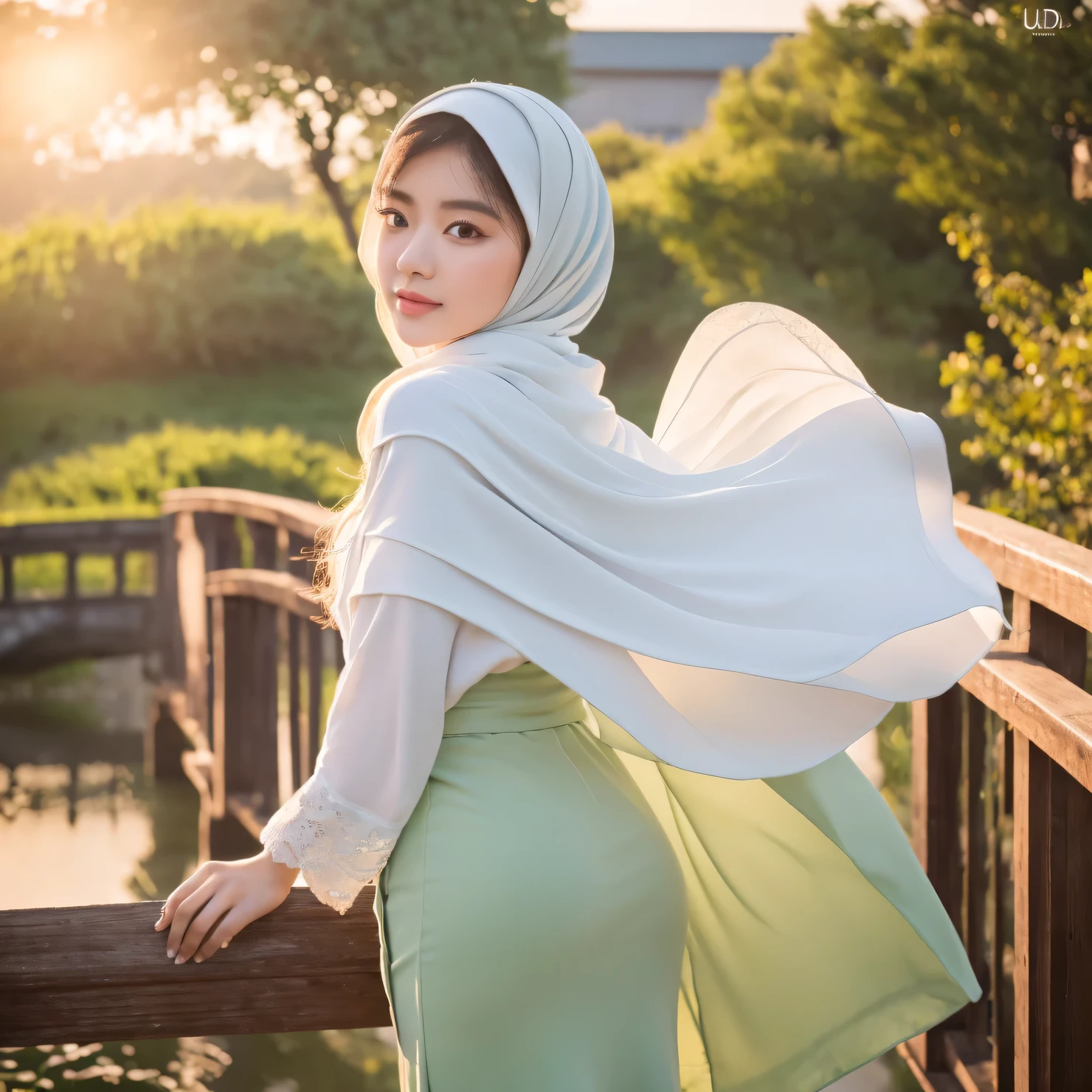 a young asian woman, beautiful detailed eyes, beautiful detailed lips, extremely detailed eyes and face, longeyelashes, wearing a white hijab, standing on a wooden bridge, wearing white clothes, green hills, bright twilight sky, purple flowers along the edge of the bridge, (best quality,4k,8k,highres,masterpiece:1.2),ultra-detailed,(realistic,photorealistic,photo-realistic:1.37),HDR,UHD,studio lighting,ultra-fine painting,sharp focus,physically-based rendering,extreme detail description,professional,vivid colors,bokeh,landscape,serene,calming,peaceful