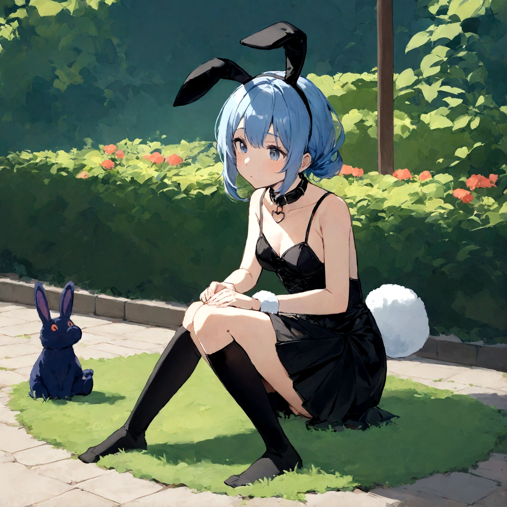 a sexy female with long blue hair, has big fuzzy bunny ears, has a bunny tail, wearing a black corset, wearing a black mini skirt, has a dark blue dog collar on, wearing cute thigh high socks, relaxing on knees, solo, alone, (SOLO)ALONE), no dogs, single girl, on knees, outside in a garden