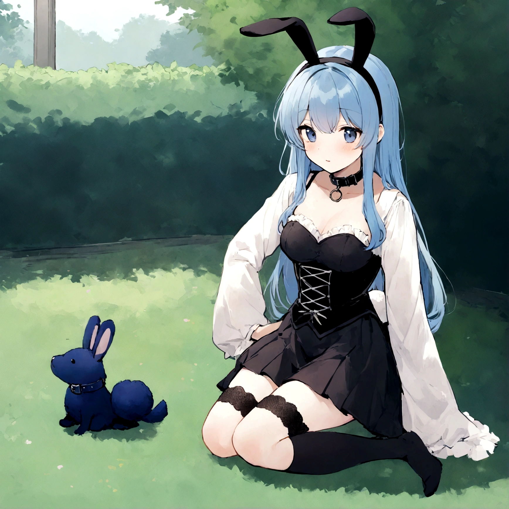 a sexy female with long blue hair, has big fuzzy bunny ears, has a bunny tail, wearing a black corset, wearing a black mini skirt, has a dark blue dog collar on, wearing cute thigh high socks, relaxing on knees, solo, alone, (SOLO)ALONE), no dogs, single girl, on knees, outside in a garden