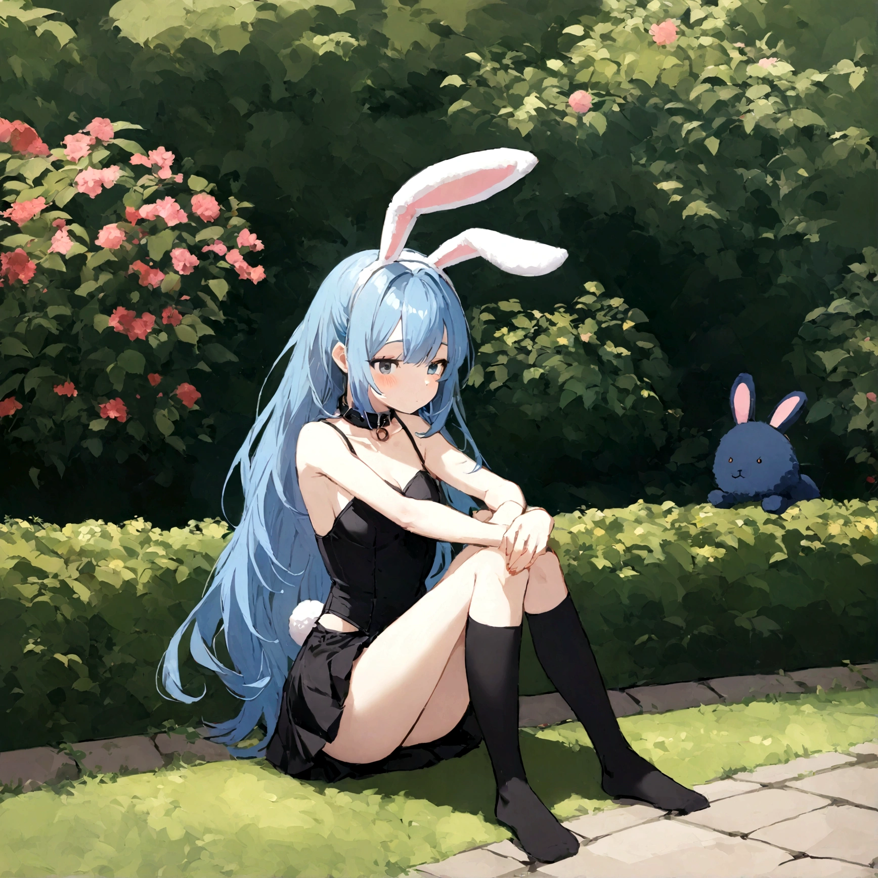 a sexy female with long blue hair, has big fuzzy bunny ears, has a bunny tail, wearing a black corset, wearing a black mini skirt, has a dark blue dog collar on, wearing cute thigh high socks, relaxing on knees, solo, alone, (SOLO)ALONE), no dogs, single girl, on knees, outside in a garden