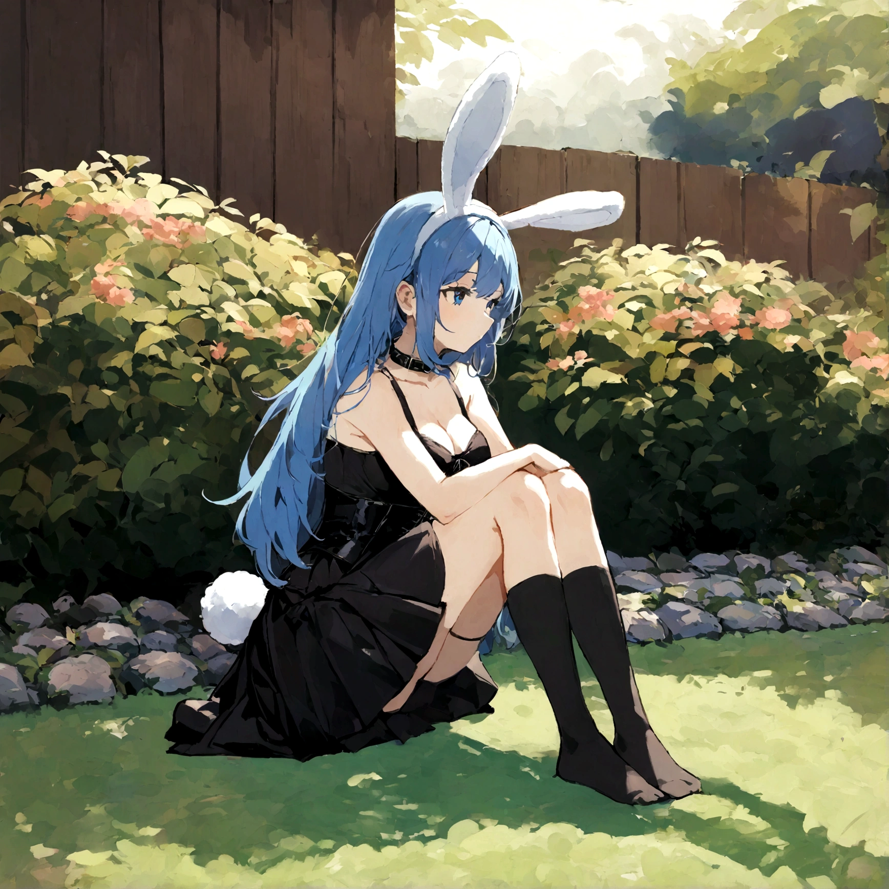a sexy female with long blue hair, has big fuzzy bunny ears, has a bunny tail, wearing a black corset, wearing a black mini skirt, has a dark blue dog collar on, wearing cute thigh high socks, relaxing on knees, solo, alone, (SOLO)ALONE), no dogs, single girl, on knees, outside in a garden