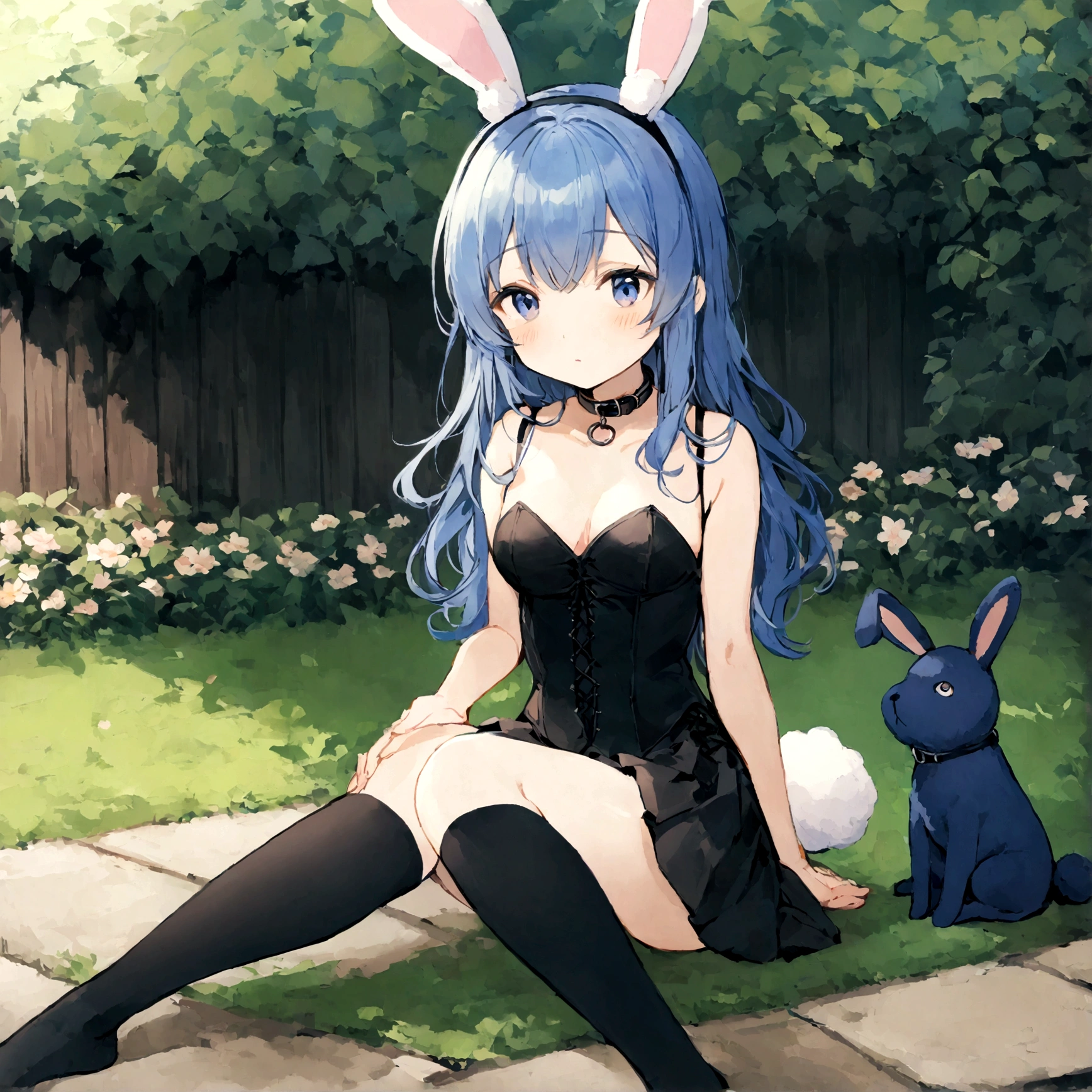 a sexy female with long blue hair, has big fuzzy bunny ears, has a bunny tail, wearing a black corset, wearing a black mini skirt, has a dark blue dog collar on, wearing cute thigh high socks, relaxing on knees, solo, alone, (SOLO)ALONE), no dogs, single girl, on knees, outside in a garden