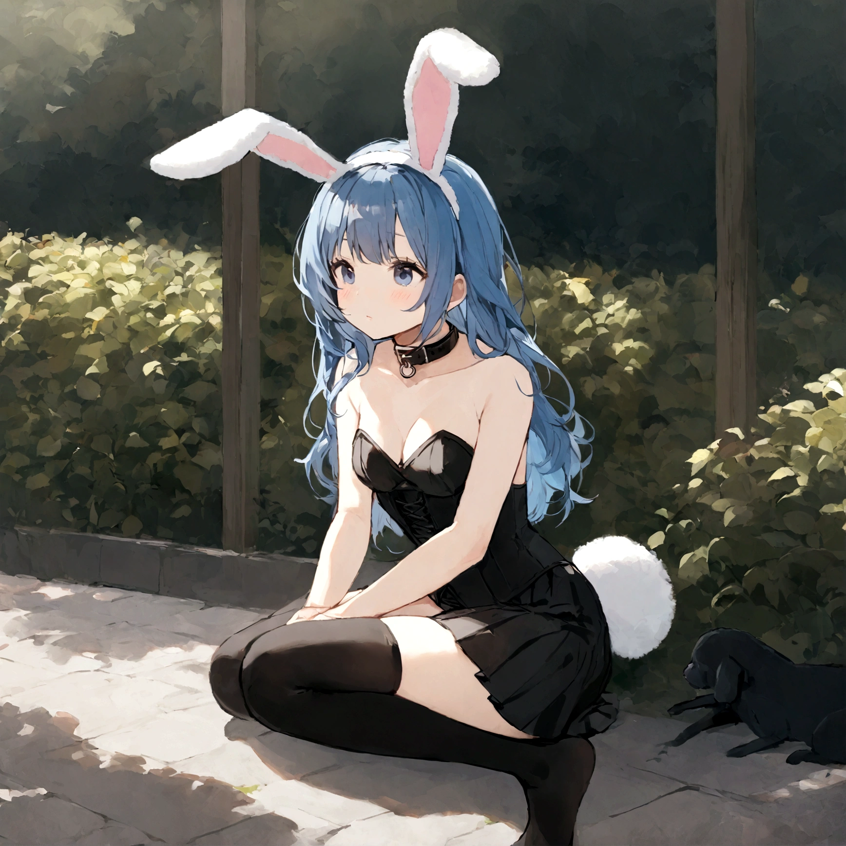 a sexy female with long blue hair, has big fuzzy bunny ears, has a bunny tail, wearing a black corset, wearing a black mini skirt, has a dark blue dog collar on, wearing cute thigh high socks, relaxing on knees, solo, alone, (SOLO)ALONE), no dogs, single girl, on knees, outside in a garden
