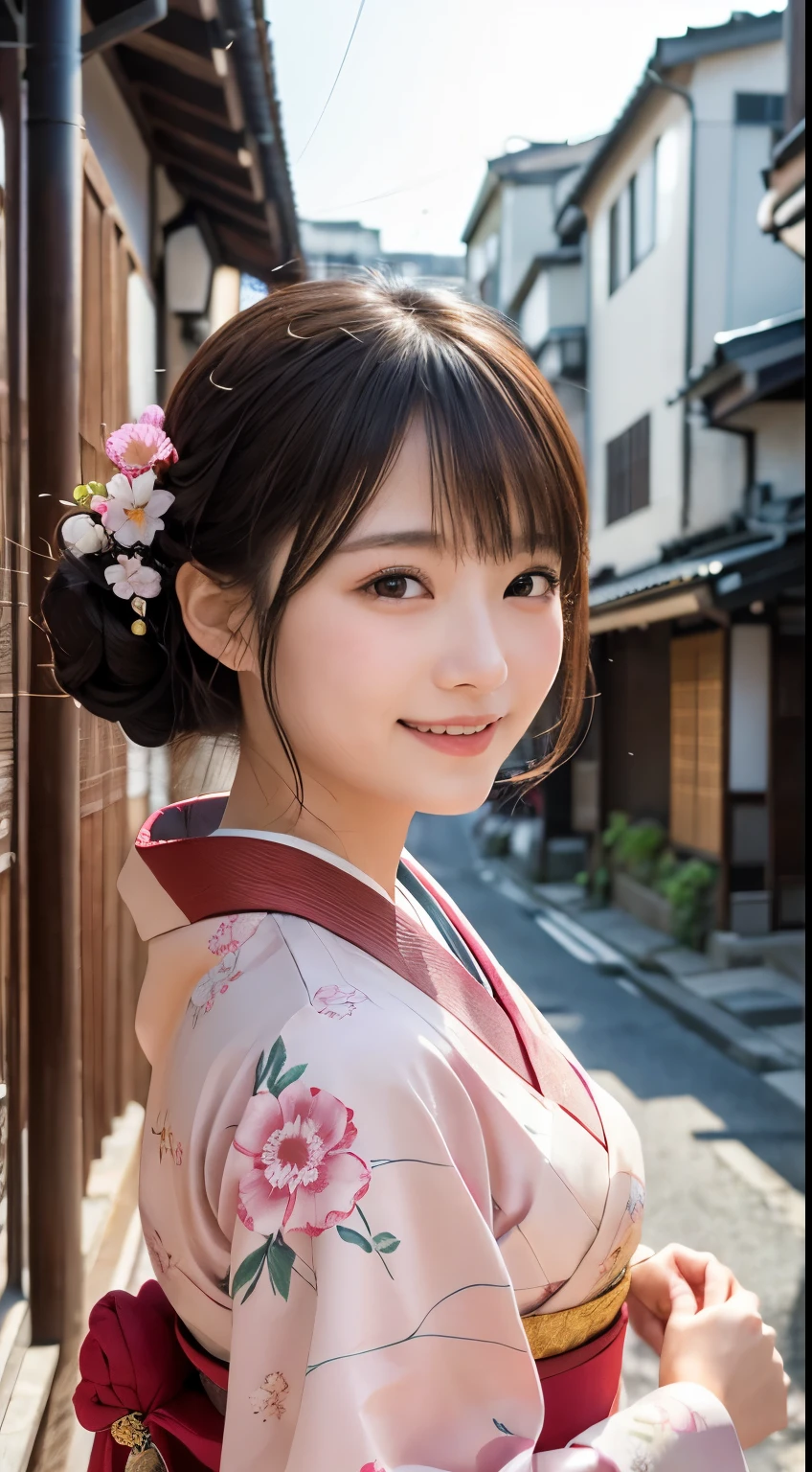 Professional Lighting,(Photorealistic:1.4), (Top image quality:1.0), (超A high resolution:1.0), 8k, Raw photography, (masterpiece:0.2), (Facing the children_v1:0.5)、(最高quality Detail:1.2)、Realistic、8K Ultra HD、High resolution、(1 girl:1.2)、超detailedな、High quality textures、複雑なdetailed、detailed、Very detailed CG、High quality shadows、detailed 美しく繊細な顔、Beautiful details and a delicate eye、(Symmetrical eyes:1.2),Written boundary depth、Ray Tracing,1 girl, Japanese Girls, (Natural smile:1.4),cute, thin, Portrait of a beautiful Japanese woman in a kimono, Standing elegantly on a street corner in Kyoto. Kimono with vibrant traditional patterns, Hair decorated with elegant and delicate hairpins, Gentle expression. (With the old streets of Kyoto in the background:1.4)、The soft light of a spring afternoon、Adding tranquility to the scene. Rendered in a Realistic style with great attention to detail, High resolutionの画像.Sky Porn, Magic Hour, (Realistic:1.3), finely, quality, (Tabletop:1.2), (Realistic:1.2), (最高quality), (複雑なdetailed), dramatic, Ray Tracing, photograph, +roller