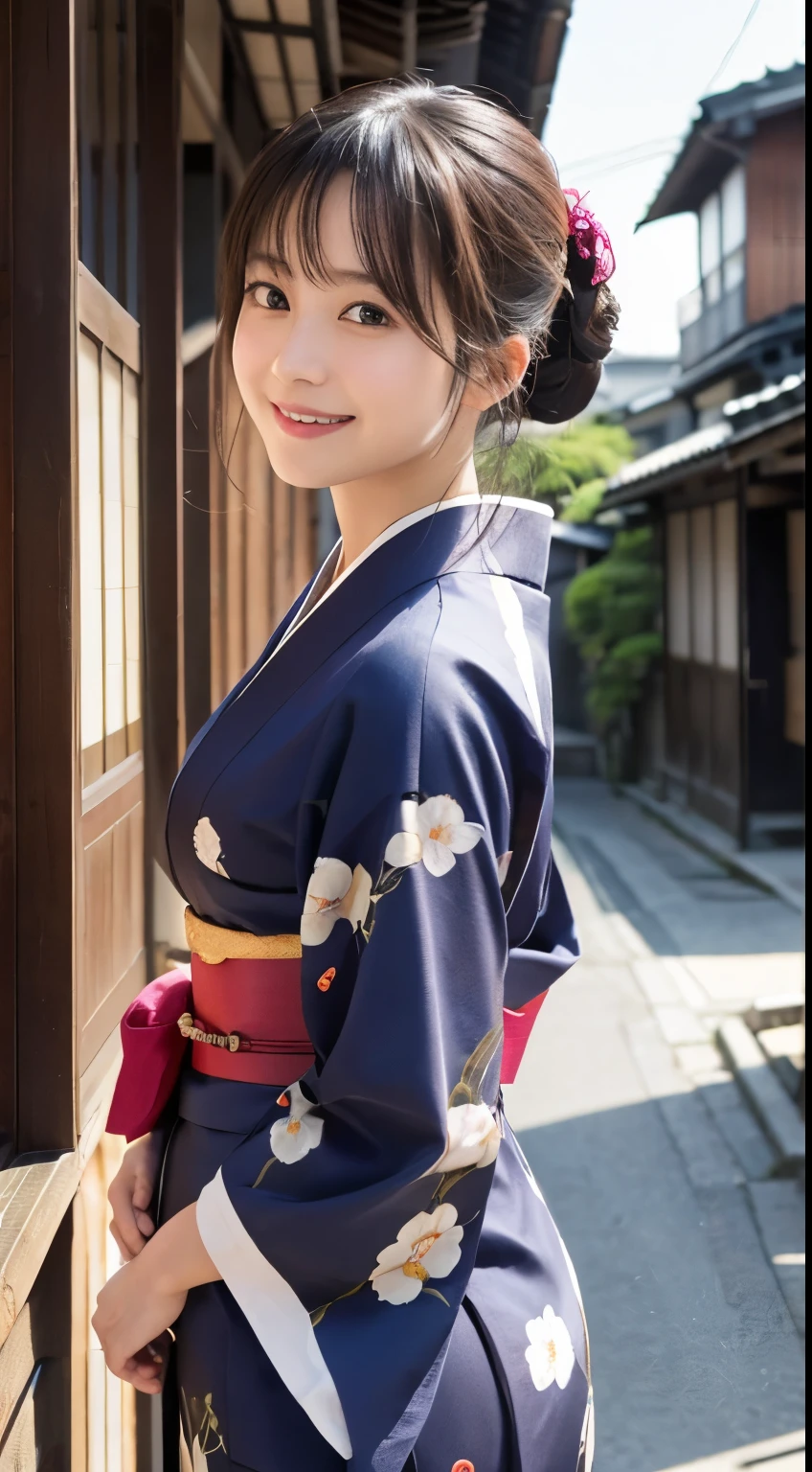 Professional Lighting,(Photorealistic:1.4), (Top image quality:1.0), (超A high resolution:1.0), 8k, Raw photography, (masterpiece:0.2), (Facing the children_v1:0.5)、(最高quality Detail:1.2)、Realistic、8K Ultra HD、High resolution、(1 girl:1.2)、超detailedな、High quality textures、複雑なdetailed、detailed、Very detailed CG、High quality shadows、detailed 美しく繊細な顔、Beautiful details and a delicate eye、(Symmetrical eyes:1.2),Written boundary depth、Ray Tracing,1 girl, Japanese Girls, (Natural smile:1.4),cute, thin, Portrait of a beautiful Japanese woman in a kimono, Standing elegantly on a street corner in Kyoto. Kimono with vibrant traditional patterns, Hair decorated with elegant and delicate hairpins, Gentle expression. (With the old streets of Kyoto in the background:1.4)、The soft light of a spring afternoon、Adding tranquility to the scene. Rendered in a Realistic style with great attention to detail, High resolutionの画像.Sky Porn, Magic Hour, (Realistic:1.3), finely, quality, (Tabletop:1.2), (Realistic:1.2), (最高quality), (複雑なdetailed), dramatic, Ray Tracing, photograph, +roller