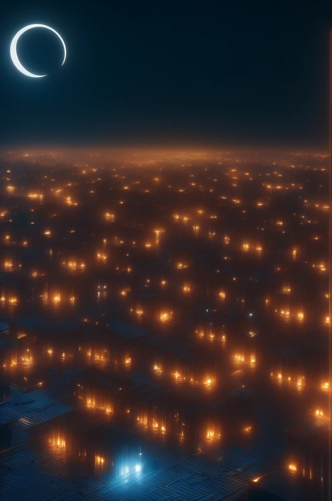a man, short black hair, bright yellow eyes, golden wings. a city, night, starry sky, bright moon