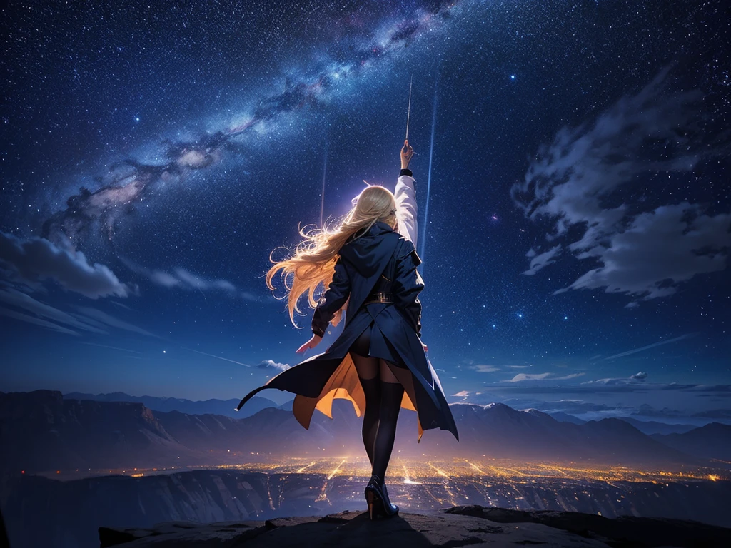 1people々々々々,Blonde long hair,Long coat,silhouette,dancer, Rear View,Space Sky, milky way, Anime Style, Dancing Petals,Night view of the city from the mountainside,