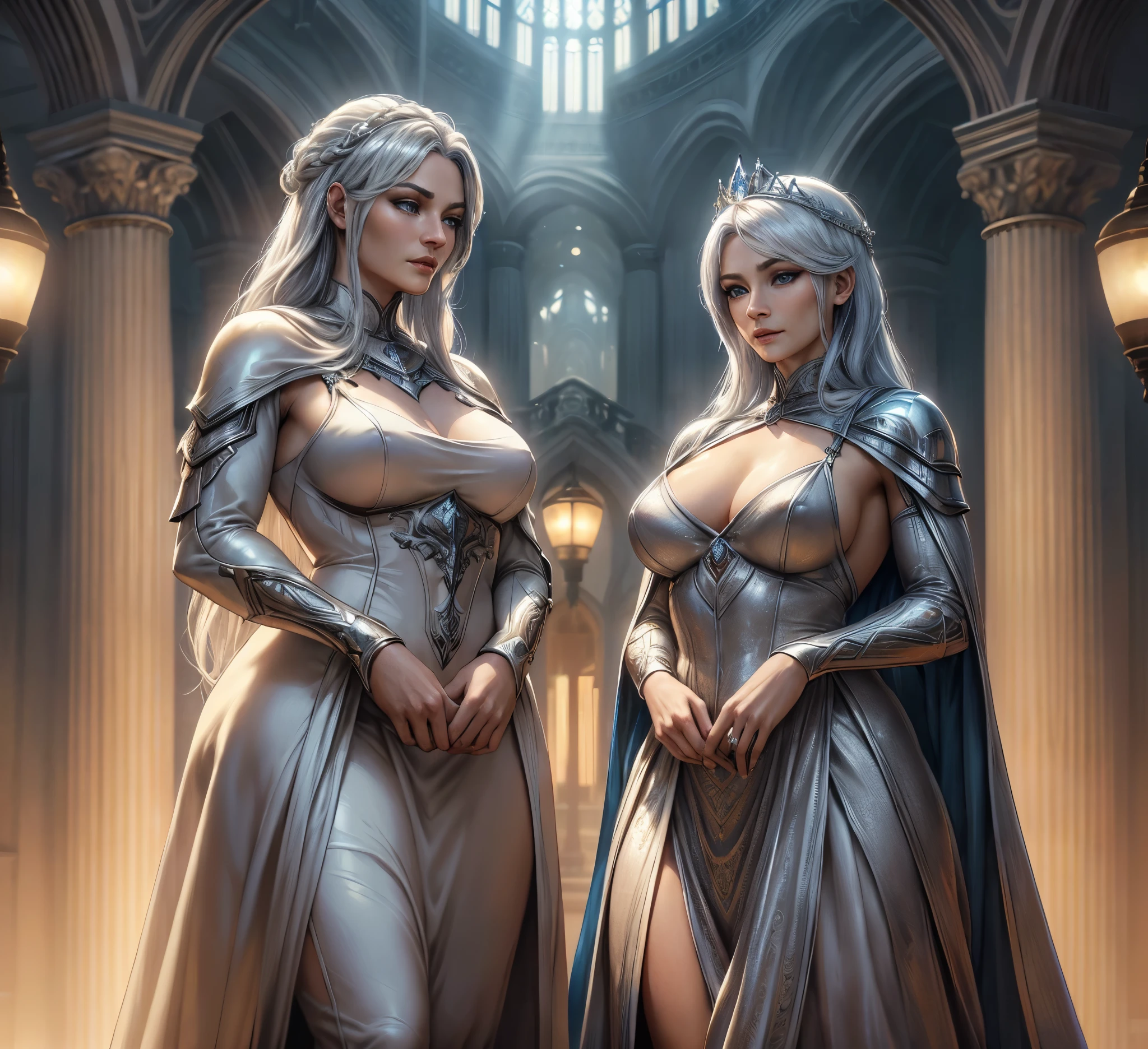 A beautiful, crystalline blue-eyed woman with silver hair wearing a long, regal dress, standing in an elegant pose and looking at the viewer, (2 fair-skinned Amazons in a long, royal dress), (detailed eyes, detailed lips, extremely detailed face and eyes, long eyelashes), (best quality,4k,8k,highres,masterpiece:1.2),ultra-detailed,(realistic,photorealistic,photo-realistic:1.37),HDR,UHD,studio lighting,ultra-fine painting,sharp focus,physically-based rendering,extreme detail description,professional,vivid colors,bokeh,fantasy,digital art