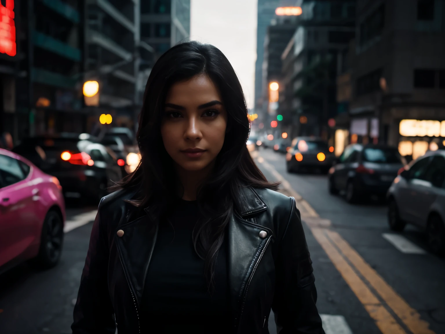 hyper realistic, lifelike texture, dramatic lighting, (best quality:1.1), depth of field, nighttime, in a futuristic cyberpunk city, HDR, shallow depth of field, broad light, high contrast, backlighting, bloom, light sparkles, chromatic aberration, sharp focus, futuristic clothing, leather jacket, beauty512, lnchuu,