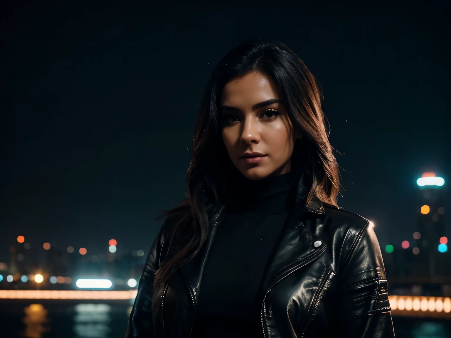 hyper realistic, lifelike texture, dramatic lighting, (best quality:1.1), depth of field, nighttime, in a futuristic cyberpunk city, HDR, shallow depth of field, broad light, high contrast, backlighting, bloom, light sparkles, chromatic aberration, sharp focus, futuristic clothing, leather jacket, beauty512, lnchuu,