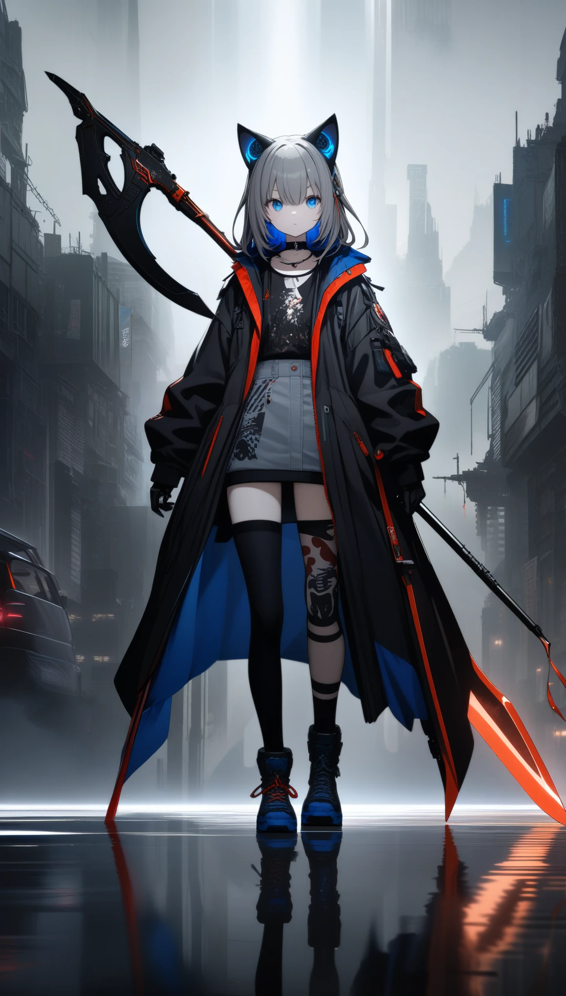 32k, best quality, ultra high res, HDR, UHD, extremely detailed CG, unity 32k wallpaper, A dark, futuristic, silhouetted figure of a girl with cat ears and a long, flowing coat, holding a massive scythe with a mechanical cat integrated into the blade, standing on a reflective surface with a minimalist, light gray background. --ar 4:3 --stylize 600 --niji 6, JapaneseAnime,ink background,cool illustration, whole body,twin characters ,street style,blue boy with red girl,Contrast ,silver cybanetic gun --ar 1:1,