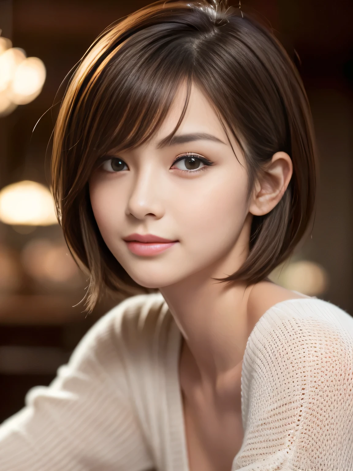 masterpiece, best quality, ultra-detailed, intricately detailed hyperdetailed, realistic, sharp features, highly detailed, sharp focus, 20 years old, perfect face, perfect face, perfect symmetrically perfect eyes, perfect full lips, flexible female form, film light, hyper detailed, hyper realistic, high resolution, vibrant, dynamic studio lighting, short hair, Brown Hair, Shoulder Length Layered, asymmetrical bangs, brown Eyes, (Impish Smile:1.2), cowboy shot,