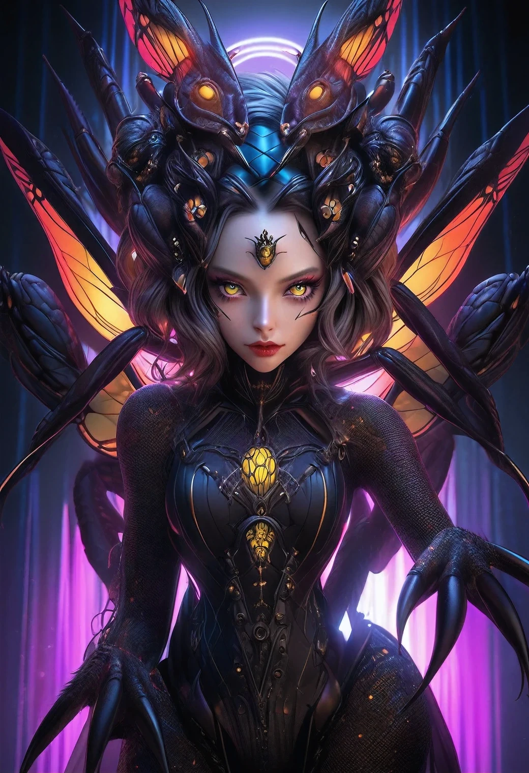 queen bee, an artificial lifeform female monster, hyper realistic, highly detailed, cinematic lighting, dark fantasy, 1girl, beautiful detailed eyes, beautiful detailed lips, extremely detailed face, long eyelashes, sharp claws, glowing eyes, intricate insect details, neon lights, moody atmosphere, dramatic shadows, vibrant colors, cinematic composition, full-body, gothic style illustration