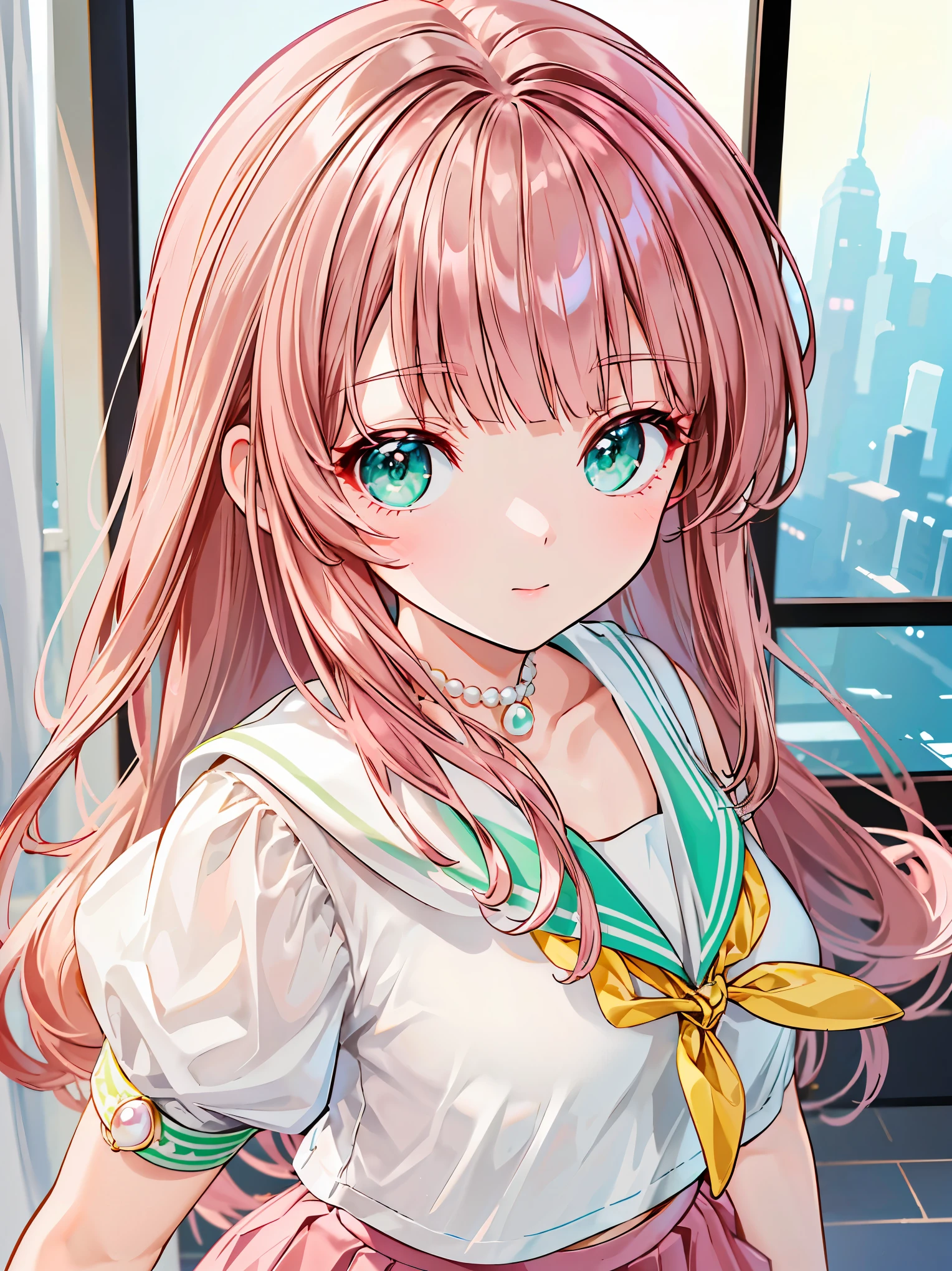 {{{{masterpiece}}}}, {{{Super detailed}}}, {{{high resolution}}}, {{good anatomy}}, (((best quality))),((emerald and green eyes,brown hair)),{{Extremely detailed and refined}}, {4k CG wallpaper}, {{illustration}}, ((pearl pink hair,JK)),((looking out a window,in school)),(((face portrait,detailed face,bigger eyeballs,standing,bust))),(long hair|Detailed hair|blunt bangs|shiny hair),(((serafuku,sailor shirt,skirts))),{{{emotionless face,mature}}},(lesbian,JK,1 woman:1),(small breasts),masterlighting,standing on the edge of mountain,((The details are complex、Shallow depth of field、movie lighting、Reflectors、a Canon EOS R5、50mm lens、f / 2.8、shot at 8k resolution))