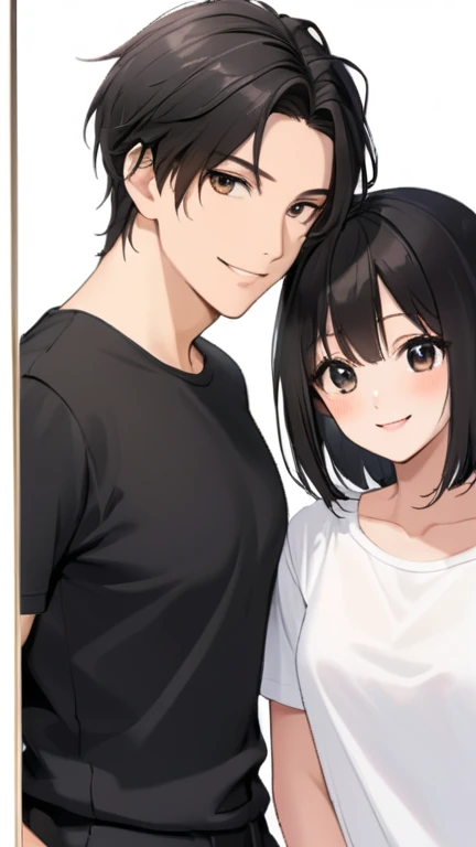 1 Female, Black Medium Straight Flowing Hair, Black pupil eyes, Medium breast, Wearing white T-Shirt, Wearing short Black Pants, with 1Male, Short Hair, Humble Face, Black pupil eyes, wearing white T-Shirt, wearing long black pants, both of them smiling stand, white background. middle frame shot camera.