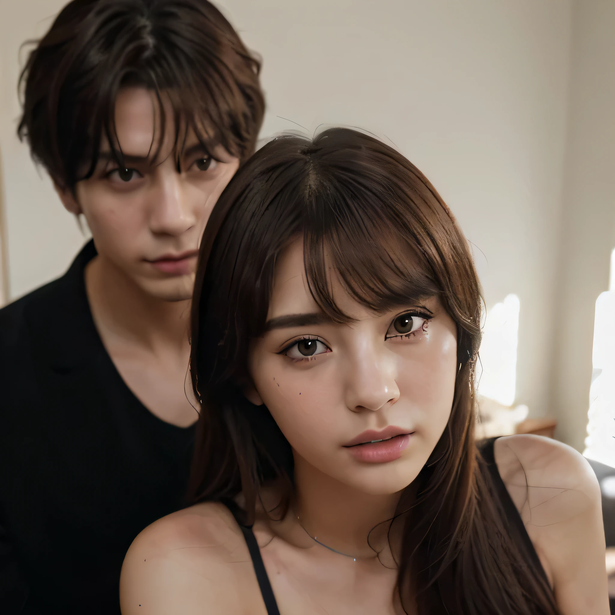 Jungkook de bts con Jeon Somi juntos Que la foto parezca real,(8K、Raw photography、top-quality、masterpiece)、(realisitic、photoRealstic)、Highly detailed eyelash drawing、(((Top image quality))),Colossal 、Fine skin, (Beautiful hair), (Perfect Anatomy), (Realistic), (Dynamic Angle), Pose Seductive,Perfect,Sensual look、top-quality、hight resolution、