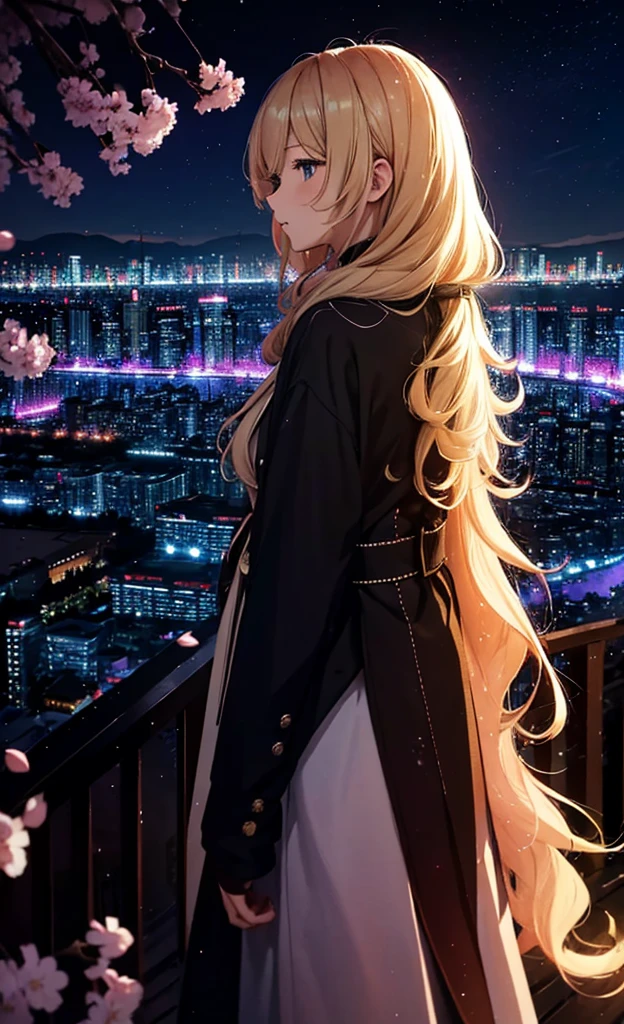 １people々々々,Blonde long hair，Long coat，silhouette， Rear View，Space Sky, milky way, Anime Style, cherry blossoms，夜cherry blossoms，辺り一面に舞うcherry blossoms吹雪，Night view of the city from the mountainside，