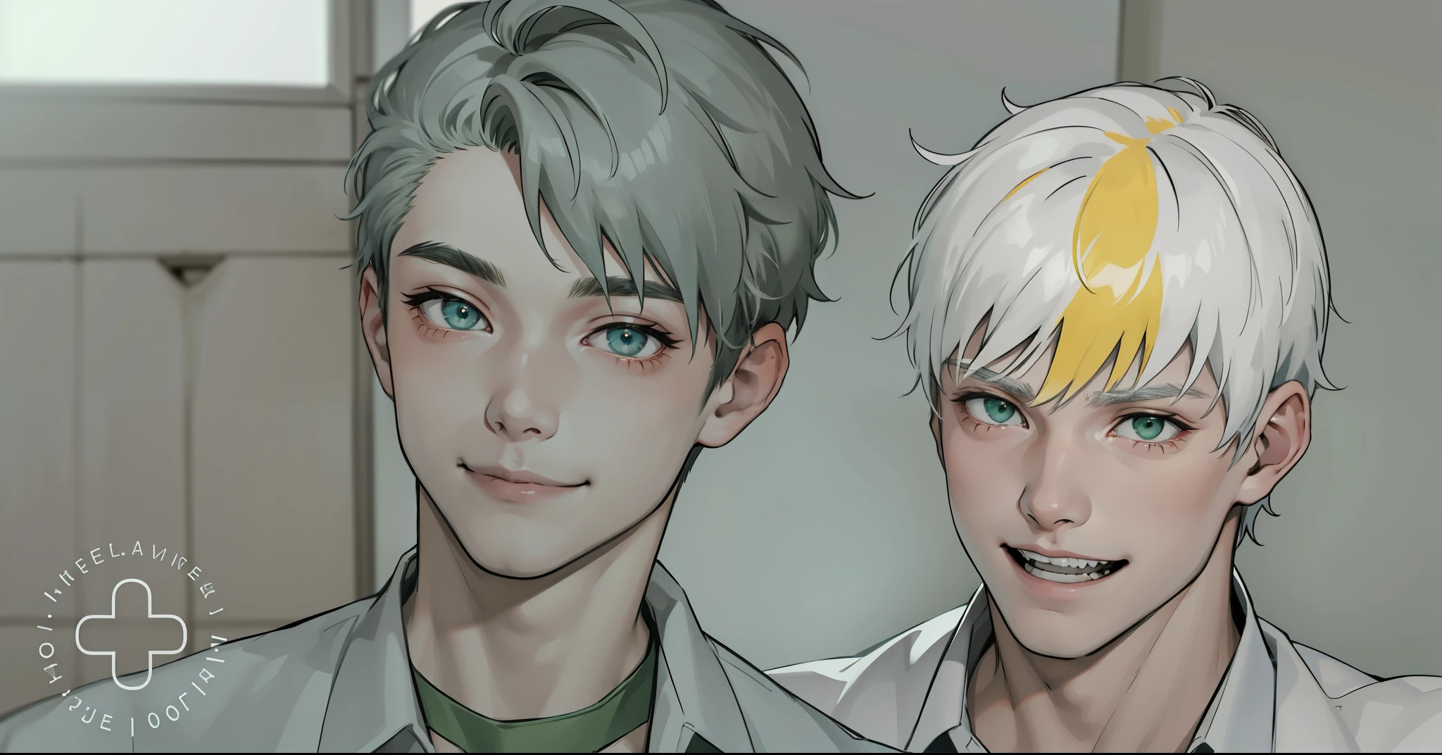 cute 18 year old boy, green eyes, white hair, smile and mischievous look, he is talking with joy