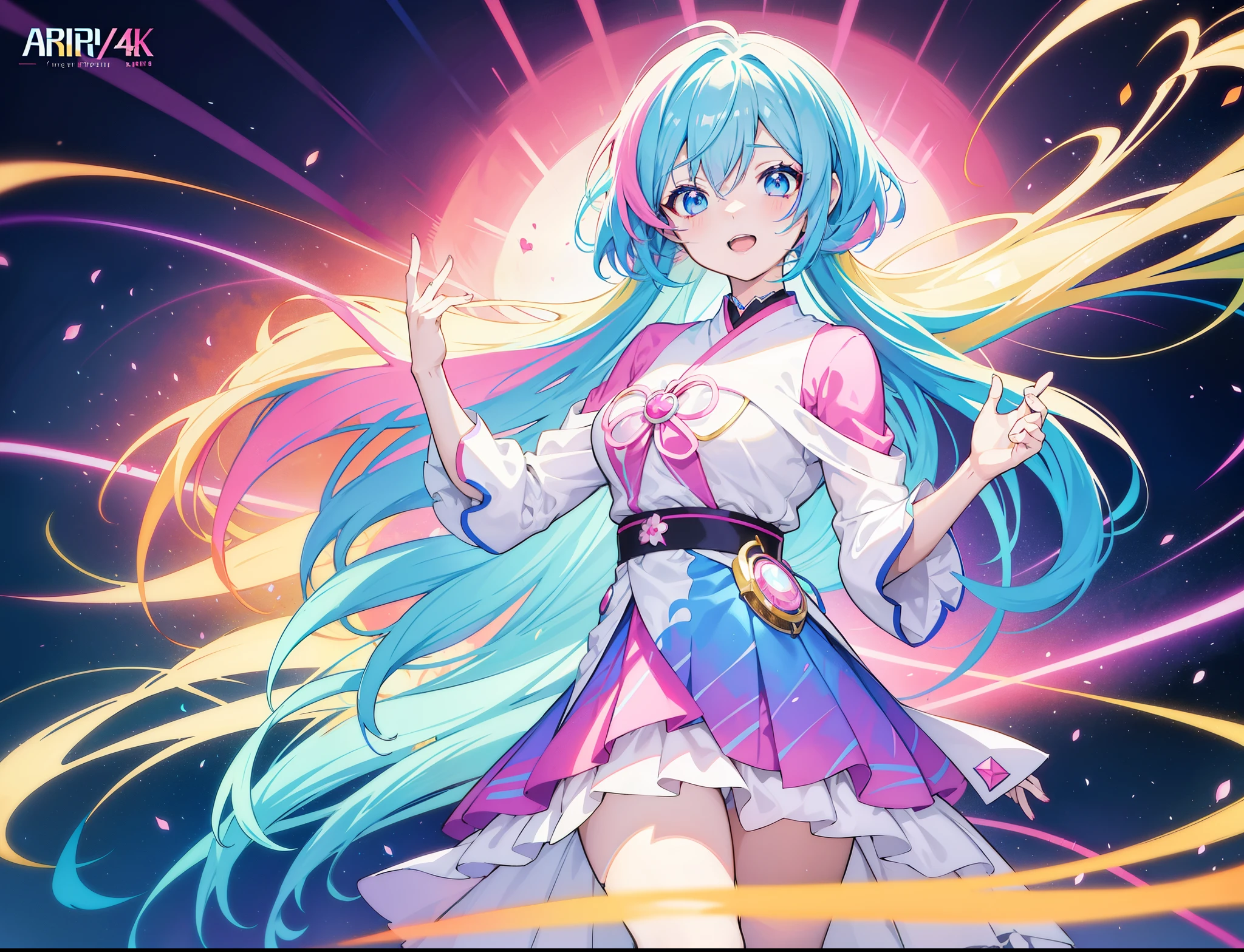 anime girl with colorful hair and a colorful dress, rossdraws pastel vibrant, rossdraws cartoon vibrant, anime style 4 k, beautiful anime portrait, artgerm colorful!!!, ! dream artgerm, beautiful anime girl, anime styled digital art, anime art wallpaper 4k, anime art wallpaper 4 k, digital anime art, extremely detailed artgerm, simple background