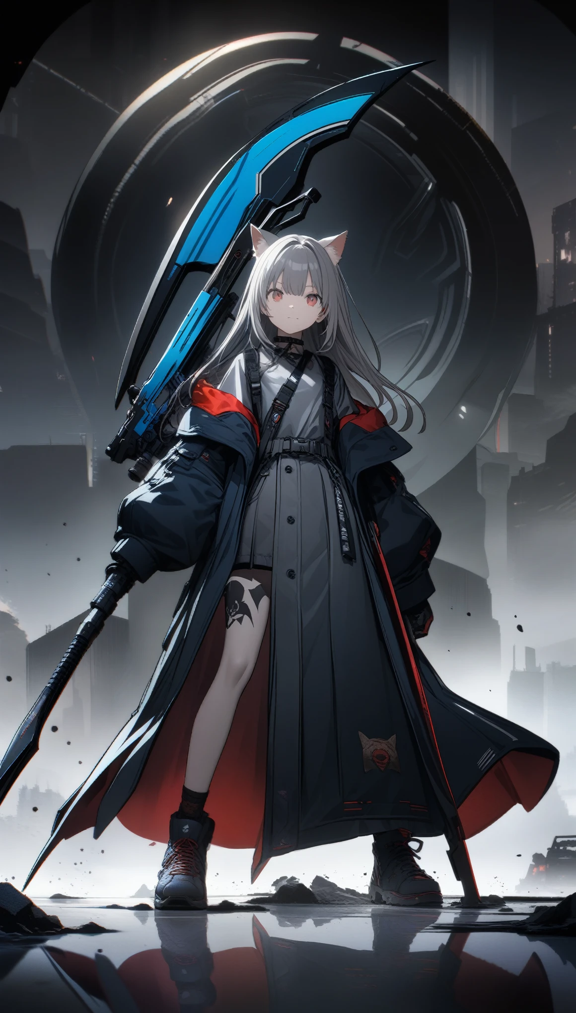 32k, best quality, ultra high res, HDR, UHD, extremely detailed CG, unity 32k wallpaper, A dark, futuristic, silhouetted figure of a girl with cat ears and a long, flowing coat, holding a massive scythe with a mechanical cat integrated into the blade, standing on a reflective surface with a minimalist, light gray background. --ar 4:3 --stylize 600 --niji 6, JapaneseAnime,ink background,cool illustration, whole body,twin characters ,street style,blue boy with red girl,Contrast ,silver cybanetic gun   --ar 1:1, 