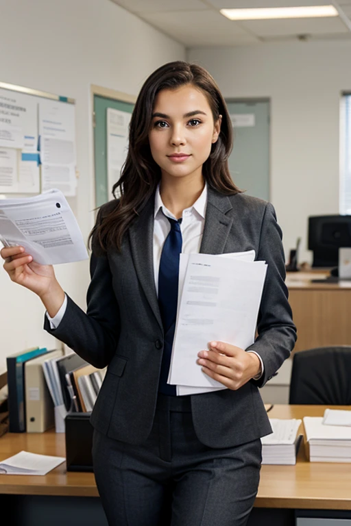 Girl in a classic suit with documents in her hands in the office 