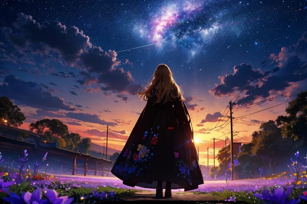 1people々々,Blonde long-haired woman,Long coat, Dress Silhouette, Rear View,Space Sky, Flower Field,Colorful flowers