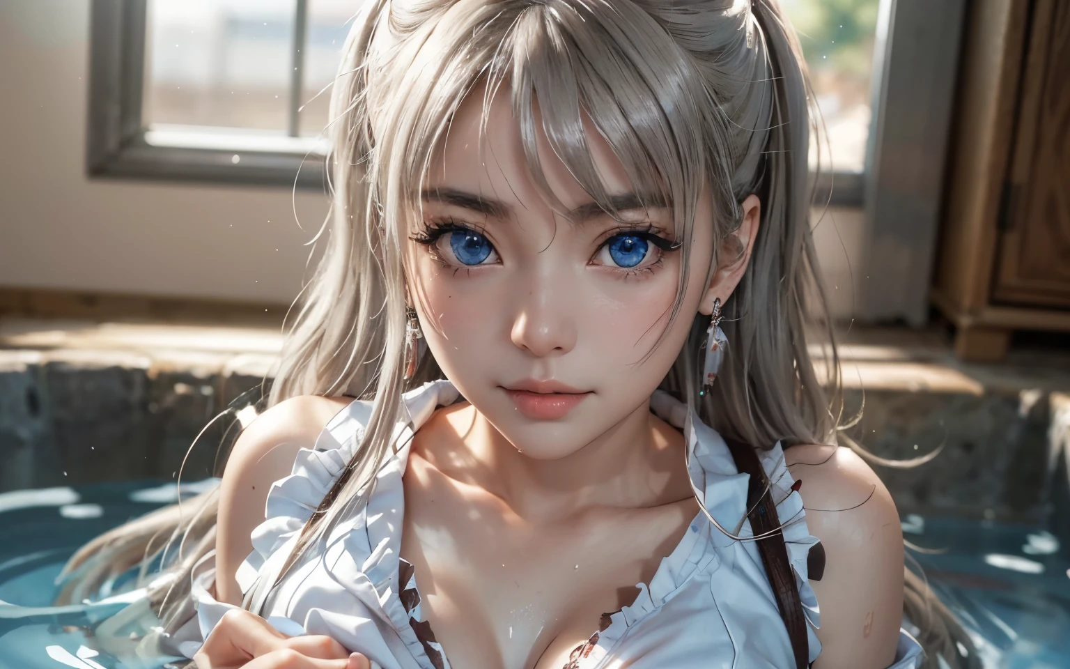 Nao Tomori/(Charlotte/), anime style, 1girl Focused, (sinking at waterpool)!!!, (watery skin)!!, (watery clothes)!!, watery hair, (very high close up face Photography)!!, UHD, masterpiece, high quality, high details, best quality, highres, HD, 4K, depth of field, light over face, symmetry, Hasselblad, an extremely delicate and beautiful, extremely detailed, Amazing, finely detail, masterpiece, best quality, official art, Highres, incredibly Highres, huge filesize, ultra-detailed, highres, extremely detailed, beautiful detailed girl,  female face focus, mature female, (sexy Asian female:1.45), adult, ultra white skin, delicate face, delicate skin, realistic skin, make over face, (looking at viewer)!!, (curvy hair with double tied up)!!, (bare shoulders)!!, blush, closed mouth, seductive smile, fresh lips, detached sleeves, earrings, fingernails, hair between eyes, White hair bangs, (ultra shine white hair)!!, very long hair, detailed realistic hair, (wear school uniform)!!!,  nontraditional Nao Tomori, (sharp eyes)!!, (eye's pupils colored by Blue:1.25)!!, (homochromatic eyes)!!, (exposed eyes)!!, (1girl very high Close up face photography) Nao Tomori/(Charlotte/), (correct anatomically)!!