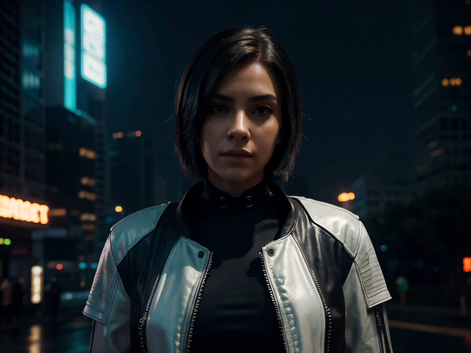 hyper realistic, lifelike texture, dramatic lighting, (best quality:1.1), depth of field, nighttime, in a futuristic cyberpunk city, HDR, shallow depth of field, broad light, high contrast, backlighting, bloom, light sparkles, chromatic aberration, sharp focus, futuristic clothing, leather jacket, beauty512, lnchuu,