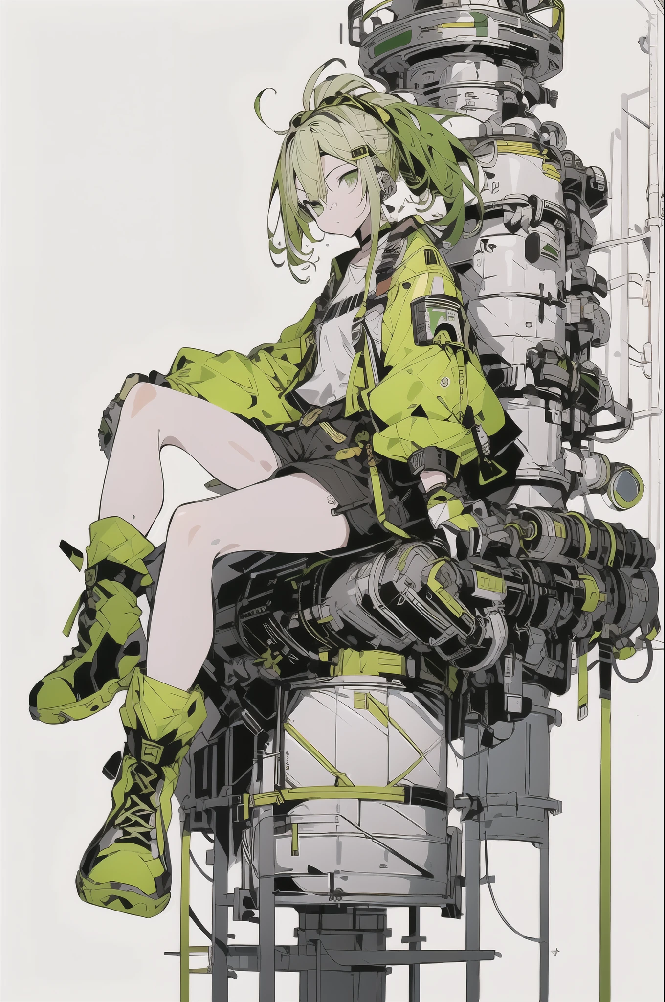 ((Full body shot)), ((No background)), ((White background)), line art, illustration, masterpiece, ultra detailed, high resolution, high quality, industrial, engineer,1girl, solo, green eyes, facing viewer, closed mouth, very long yellow hair in a ponytail, sitting down, wearing a yellow shirt, short black denim shorts, yellow and black boots